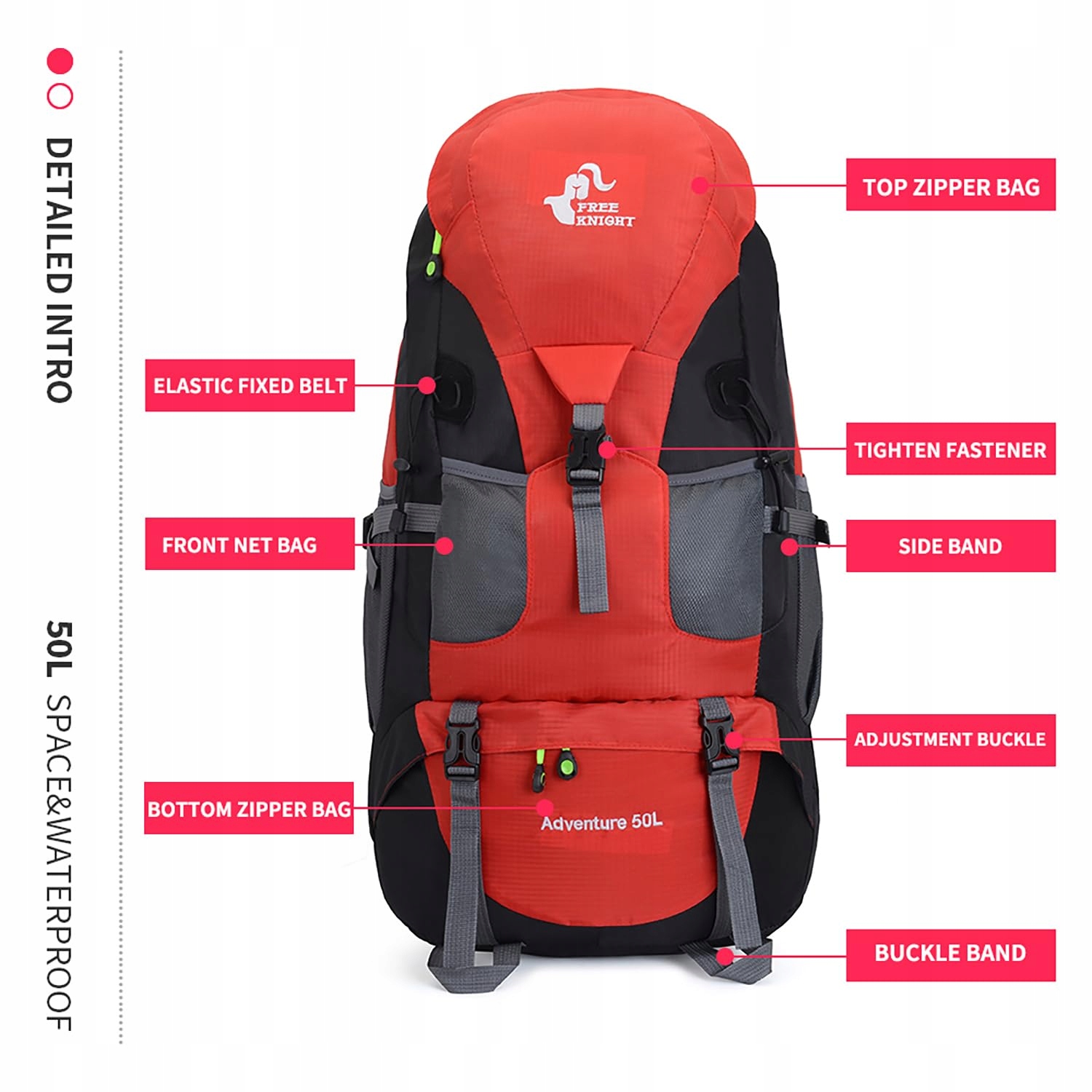 BSEASH 50L Lekki Wodoodporny Plecak Turystyczny Outdoor Czerwony — miniatura 7