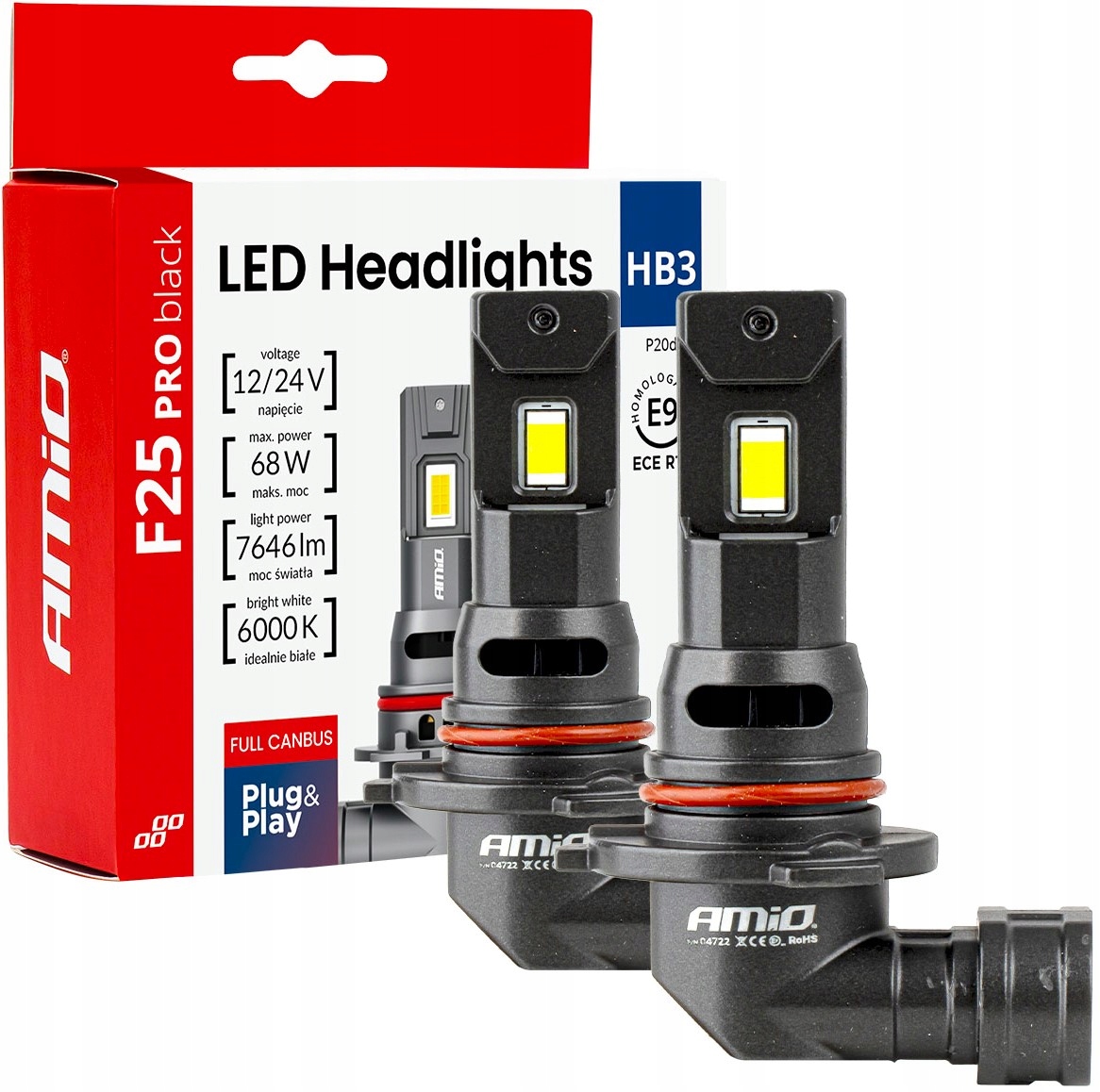Żarówki samochodowe Led Pro Black Full Canbus HB3 68W 12V 24V AMIO-04722