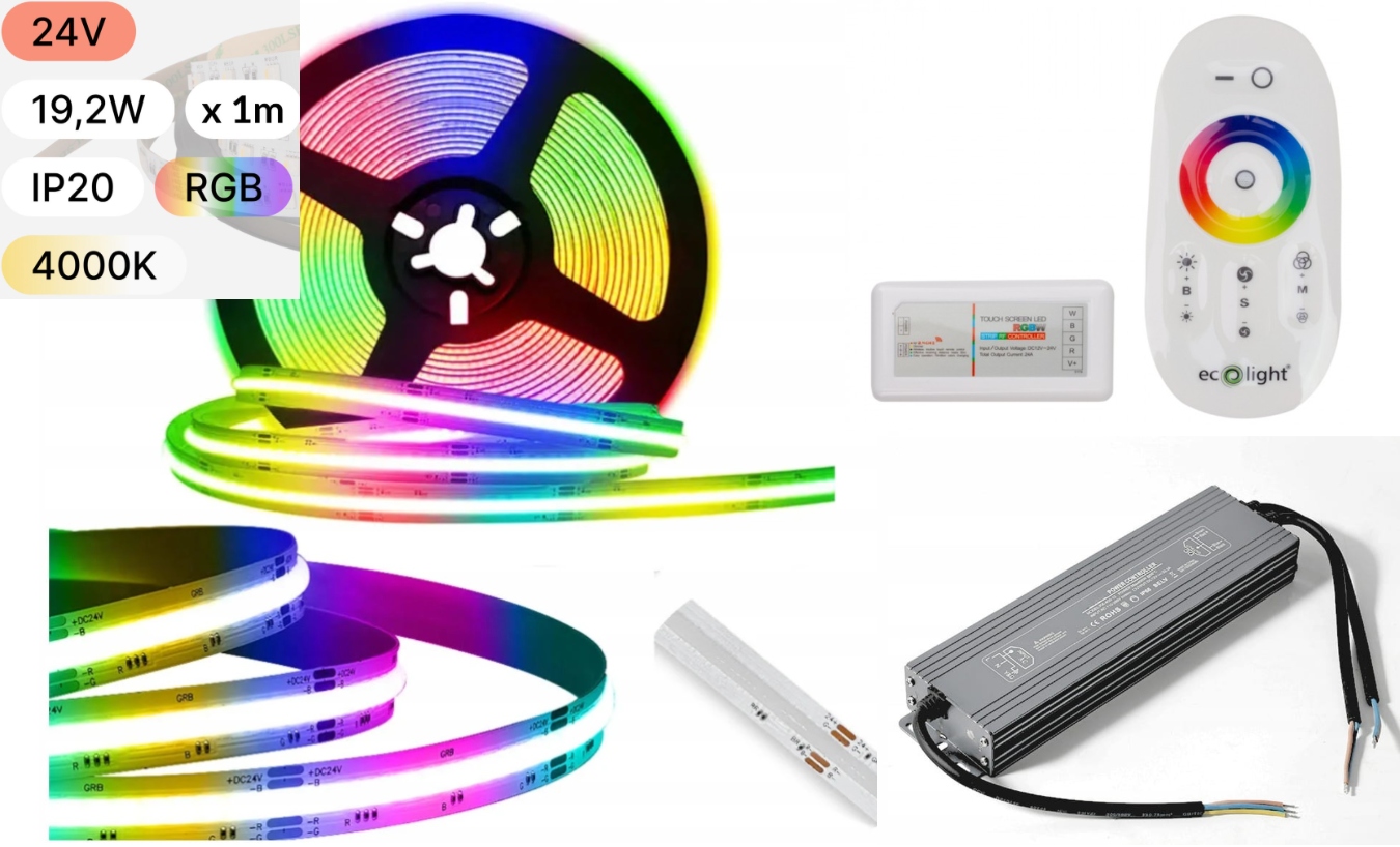 Sada Cob Led pásikov RGBW+4000K 24V IP20 5m ovládač napájací zdroj Komplet