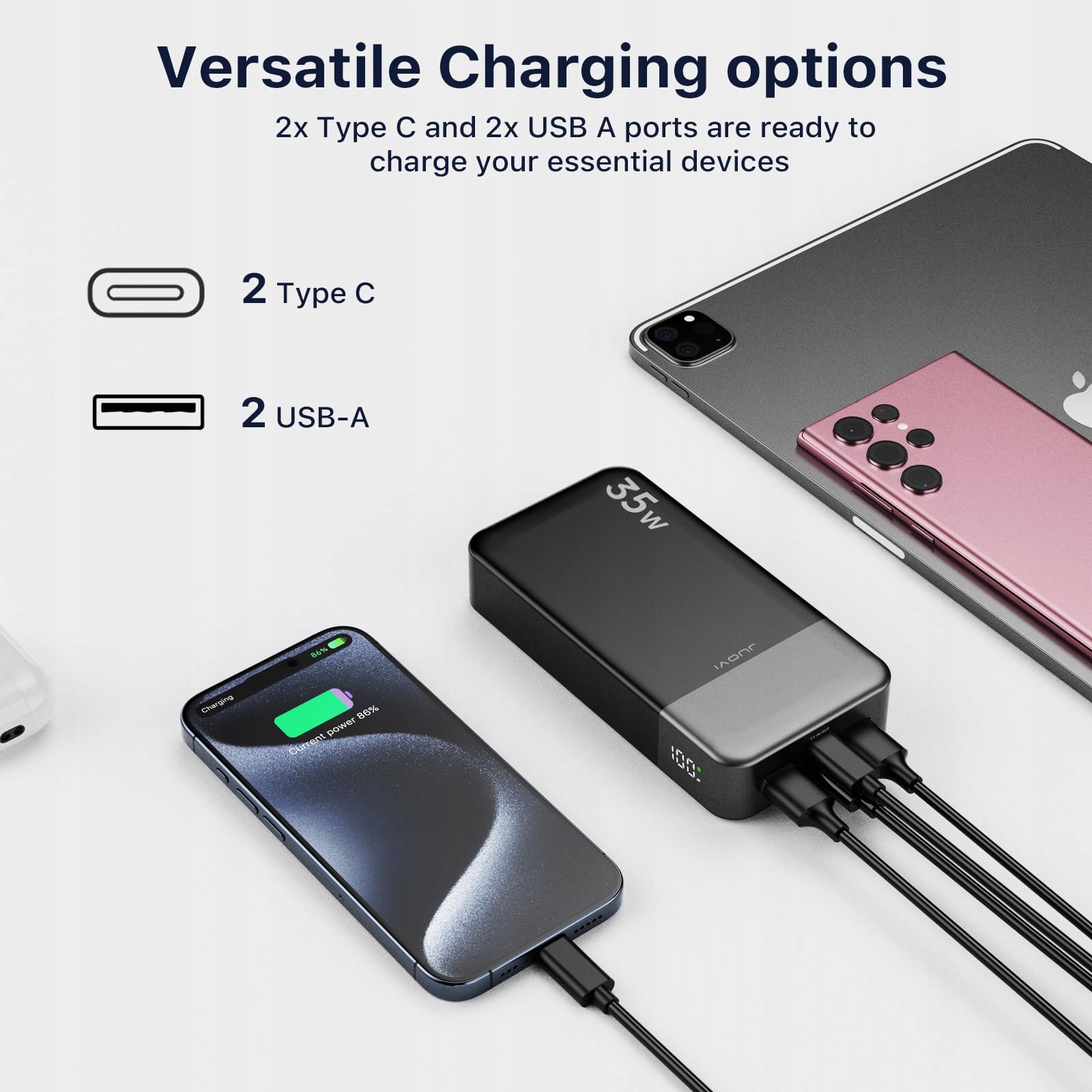 JUOVI Power Bank 20000mAh Szybkie Ładowanie LED iPhone Galaxy Tablet — miniatura 5