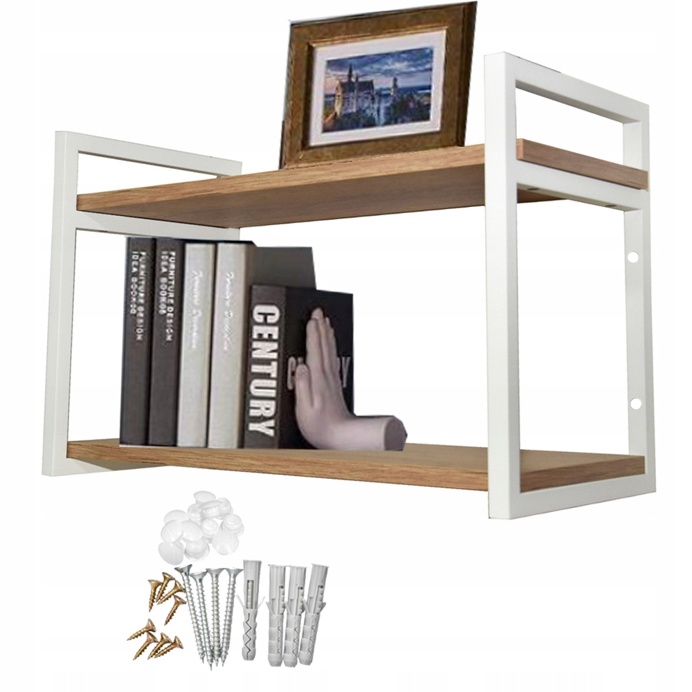 Závesná polica na stenu loft, regál, biele rámčeky na knihy, kvety, dub zlatý