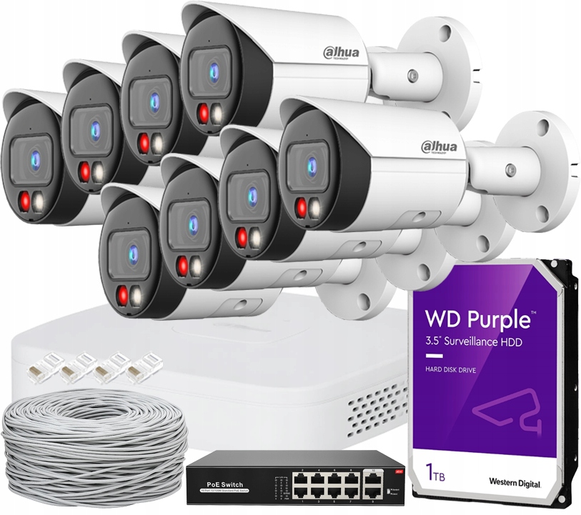 Sada na monitorovanie Ip 8x Dahua WizSense 5Mpx Dual Light 30m PoE Detekcia