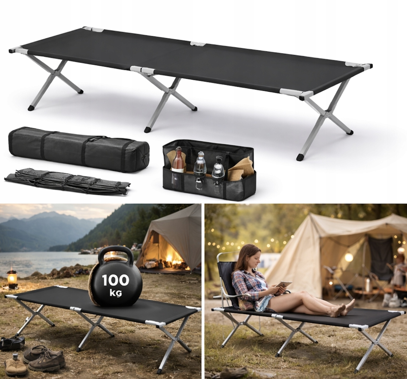 Łóżko Turystyczne Polowe Czarne Kanadyjka 187 × 68 CM Składane Z Kieszonką