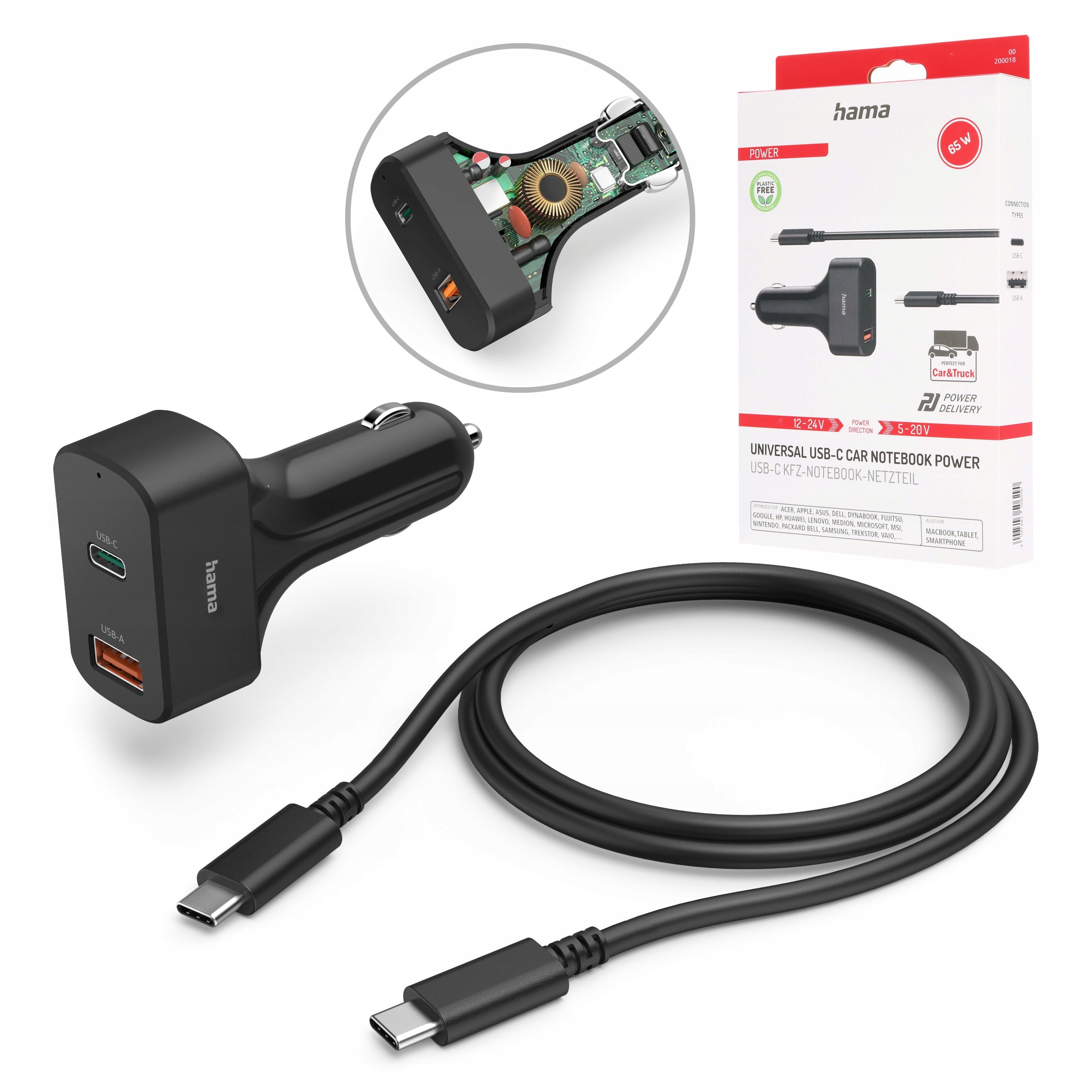 Hama ładowarka samochodowa Usb-c do laptopa 65W adapter 12V i 24V Power Del