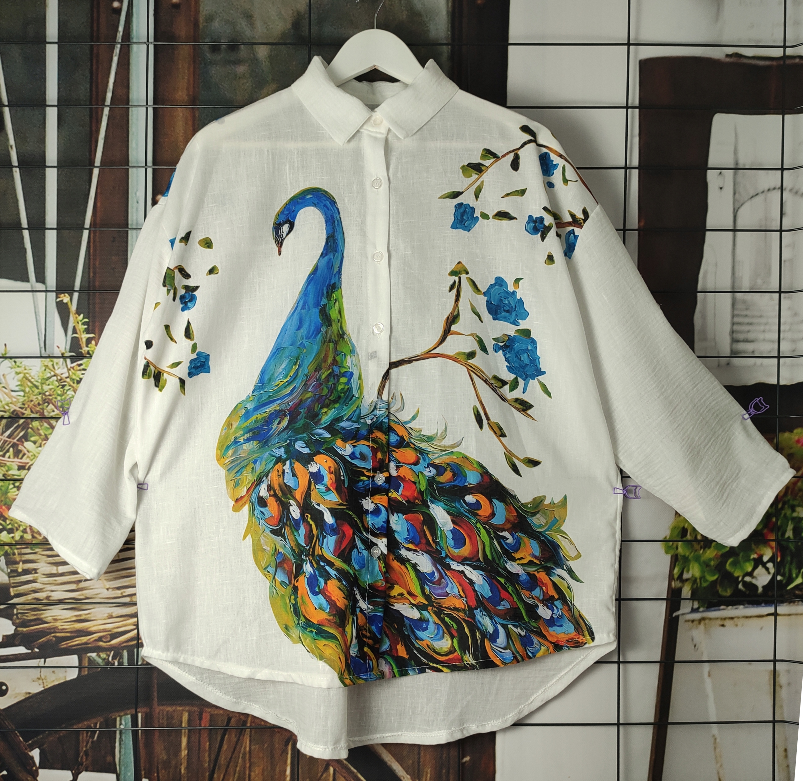 BLUZKA ROZPINANA koszula WŁOSKA a'la LEN BIAŁA PAW GUZIKI Z KOŁNIERZYKIEM Kolor biały