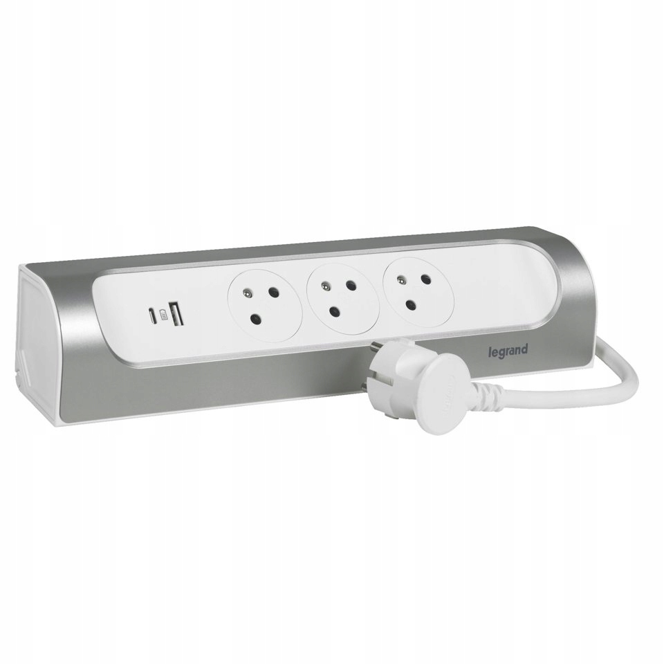 Przedłużacz Narożny 3X2P+Z Usb A+c Przewód 1M Biały Aluminium Legrand Helmo