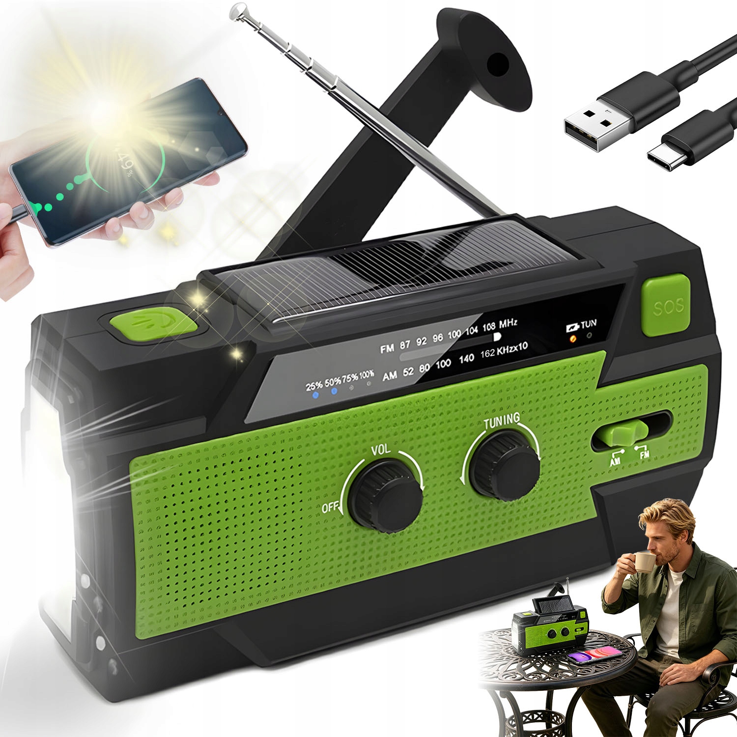 Rádio Am Fm Nouzová Svítilna Tři Způsoby Nabíjení Solární Ruční Usb