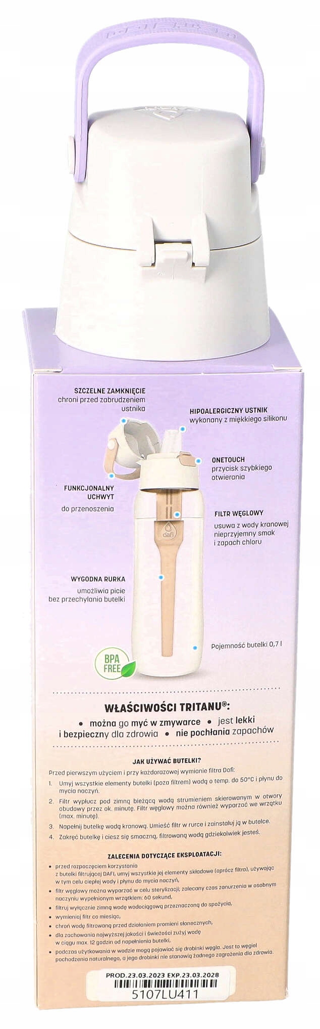 Butelka filtrująca Solid Lawendowa 0,7L + 4x filtr wkład do butelki Model Solid