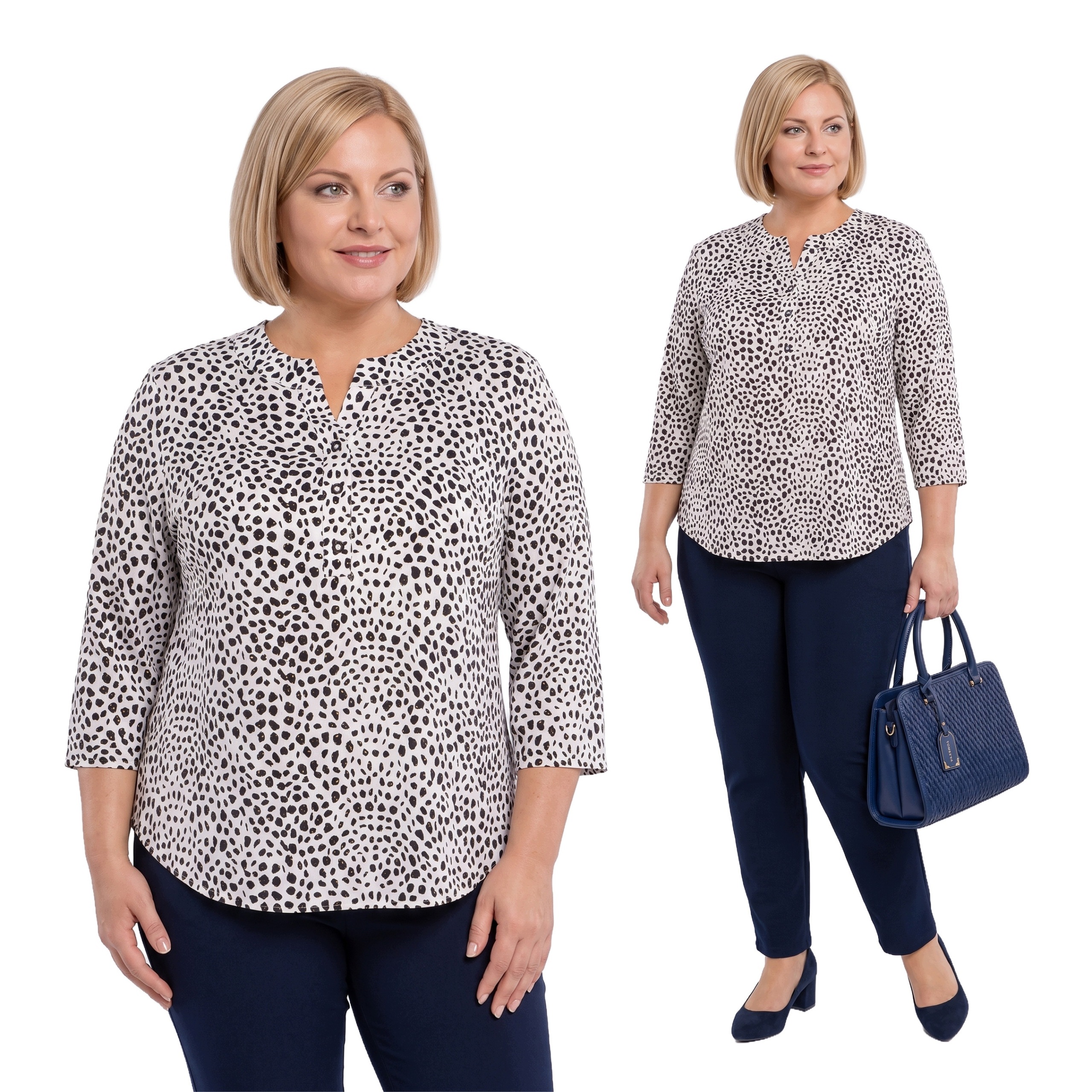 Bílá puntíkovaná halenka s lesklými částečkami plus size velikost 58