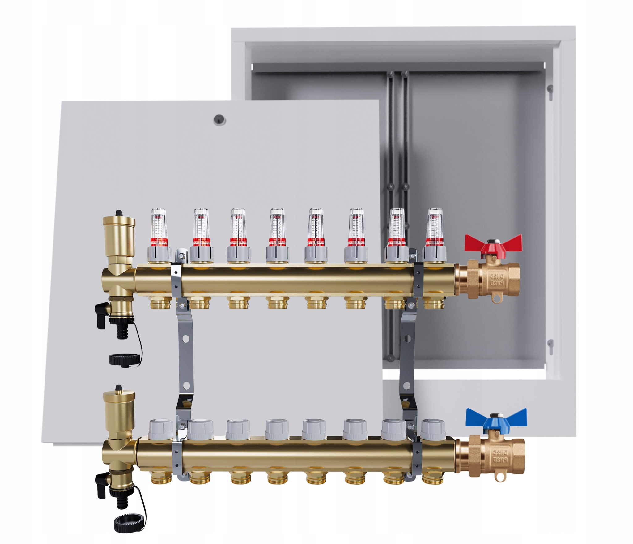 Rozdělovač podlah mosazný 8 okruhů nástěnná skříňka jednoduchý ventil