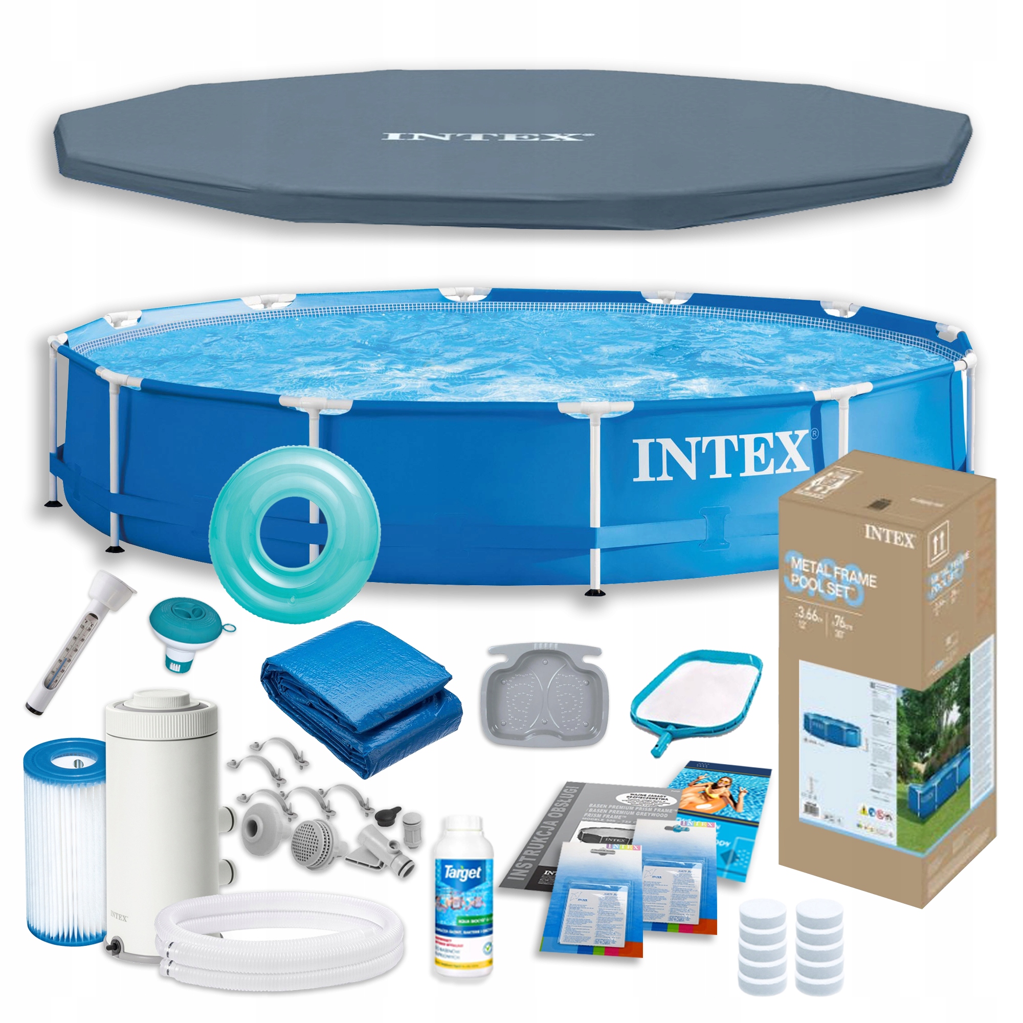 Basen Ogrodowy Stelażowy Z Pompą Okrągły Intex 366x76cm Zestaw 19w1