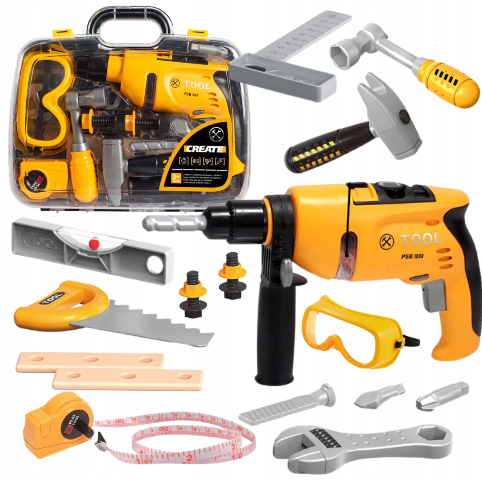 ZESTAW NARZĘDZI W WALIZCE ŚWIATŁO DŹWIĘK WIERTARKA MŁOTEK PIŁA MIARKA PIŁA