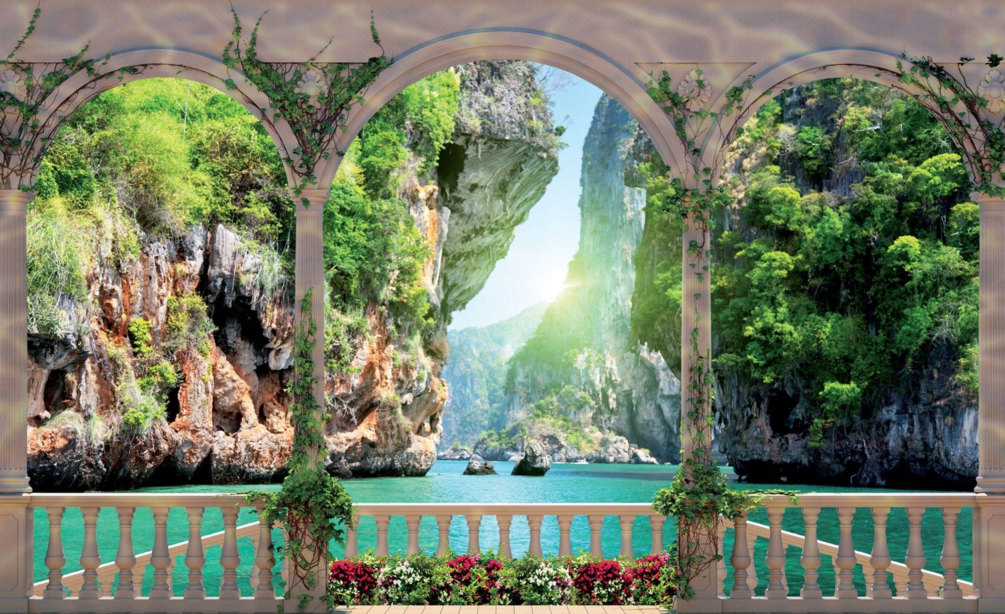 Fototapeta Terasa Moře Květiny Slunce Skály 312x219 vinylová lepidlo