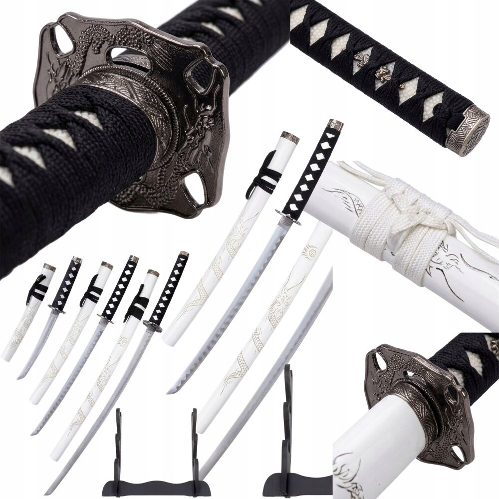 Bílý drak Sada mečů Katana Wakizashi Tanto Plus Stojan HK1101