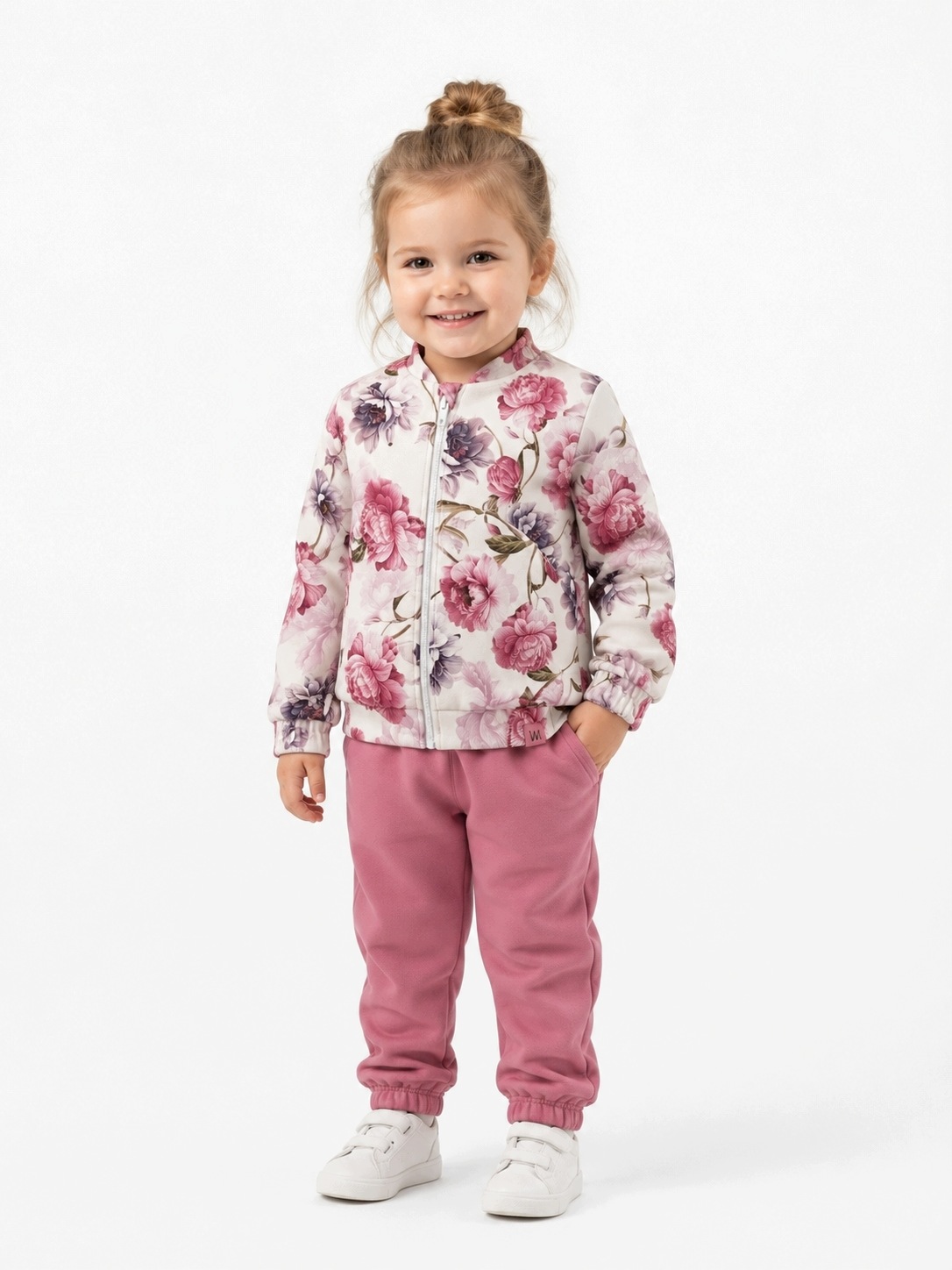 Mrofi Dres Komplet dziewczęcy Bluza bomberka+spodnie Bawena Ecru+Róż R. 80