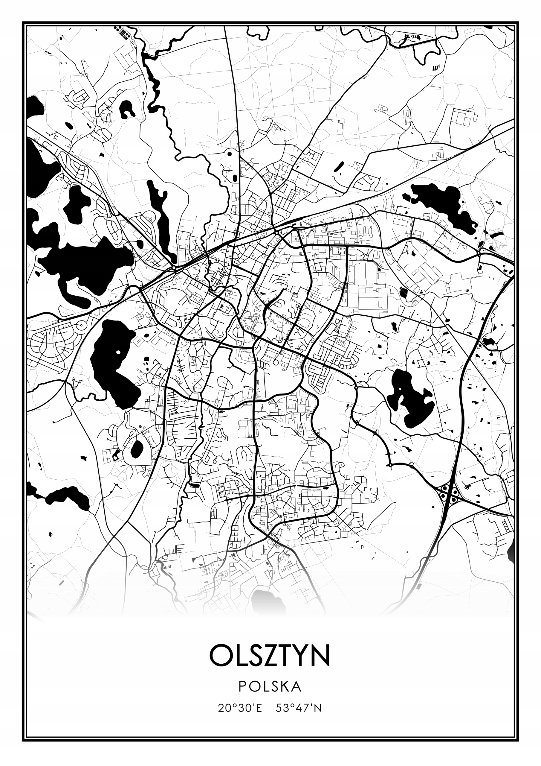 

Mapa czarno biała plakat Olsztyn 50x70cm
