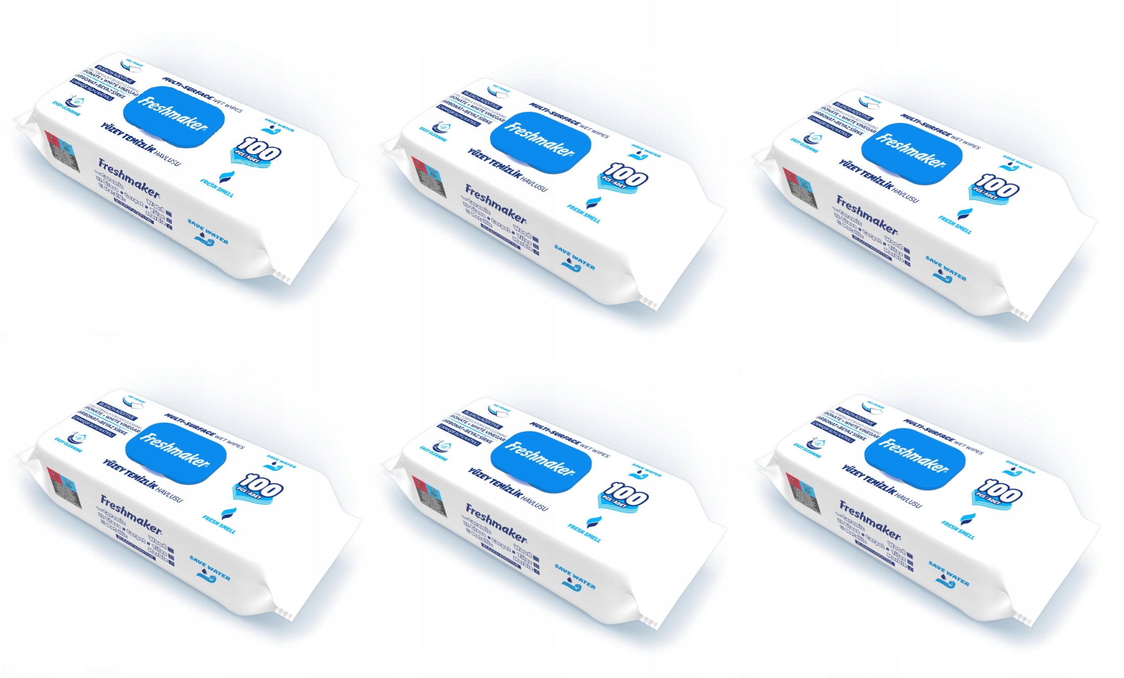 Levně Set 6 x Vlhčené Ubrousky Freshmaker Blue 100 ks na čištění