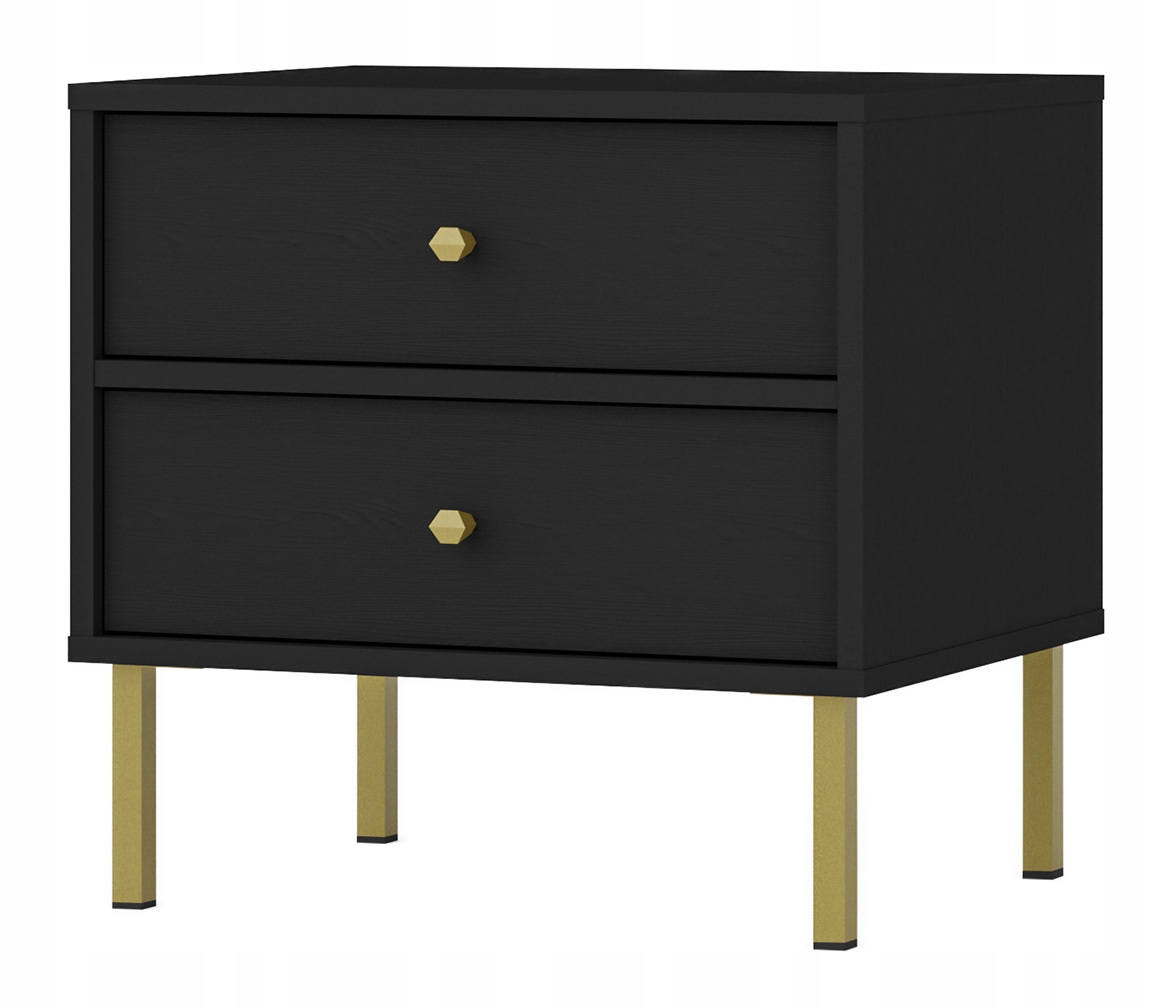 Noční stolek se dvěma zásuvkami 52 cm, černý, grafit, zlaté nohy