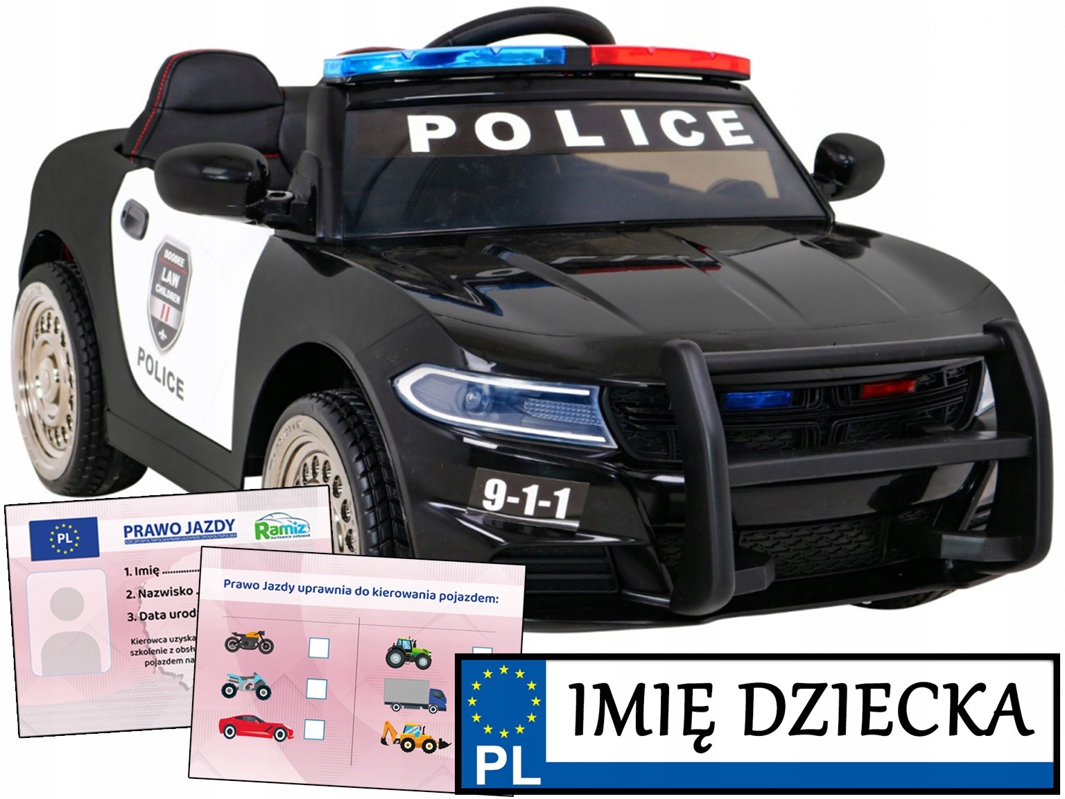 Samochód dla dzieci Policja pilot Megafon prawo jazdy Mały Policjant kogut