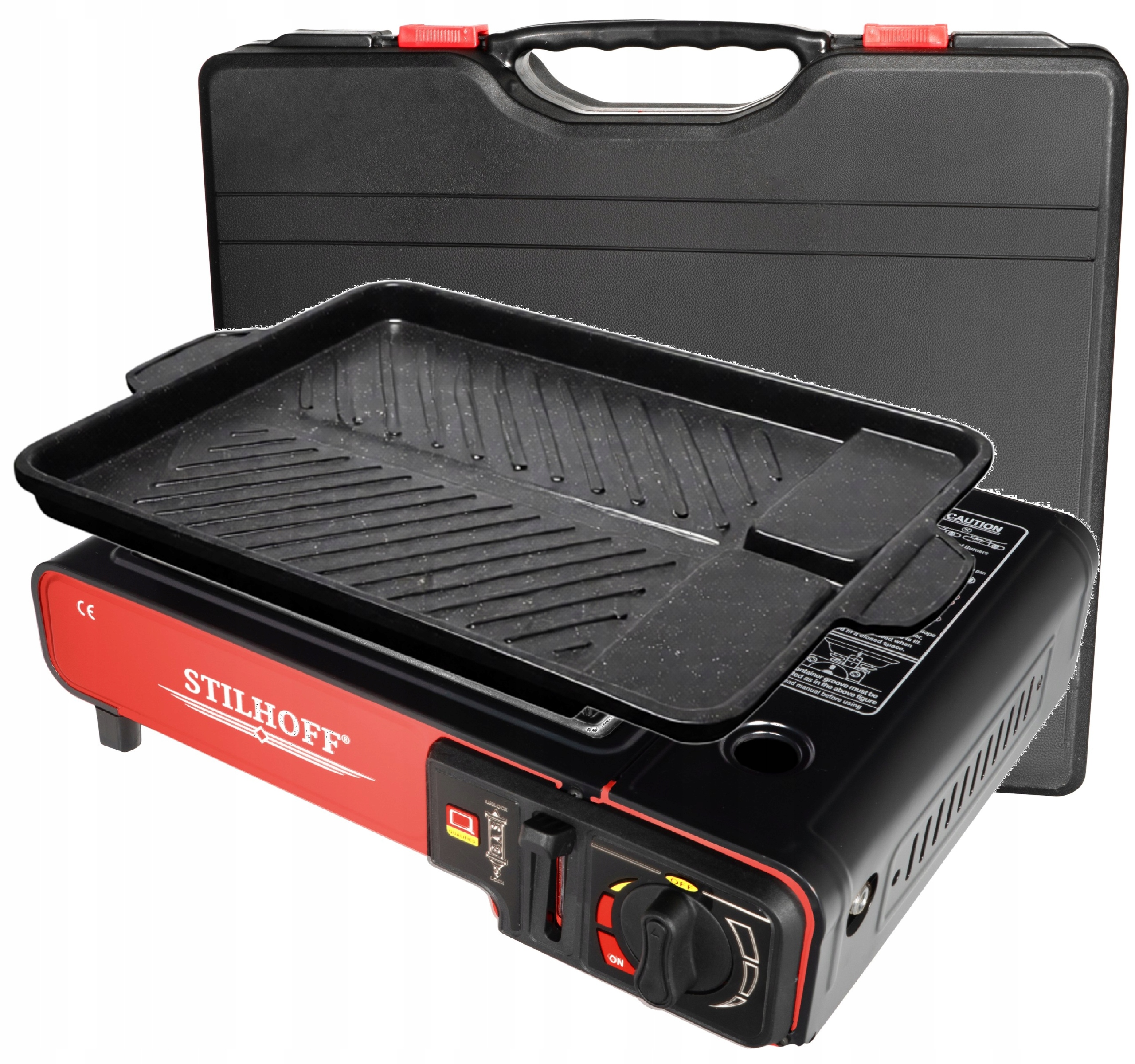 Turistický plynový vařič Stilhoff na kartuši, kufr, grilovací deska