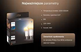 PHILIPS HUE WHITE AMBIANCE ŻARÓWKA E27 SMART 2 SZT Temperatura barwowa 2700 K