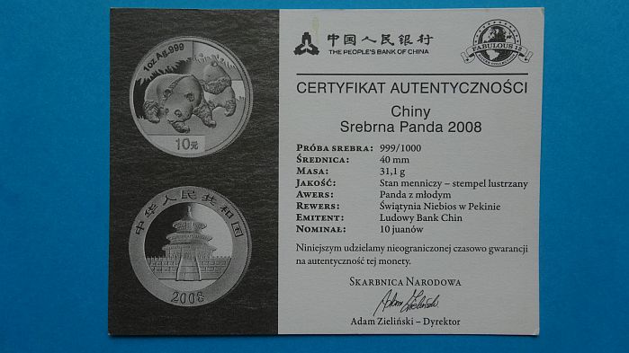 certyfikat CHINY PANDA 2008 SREBRO