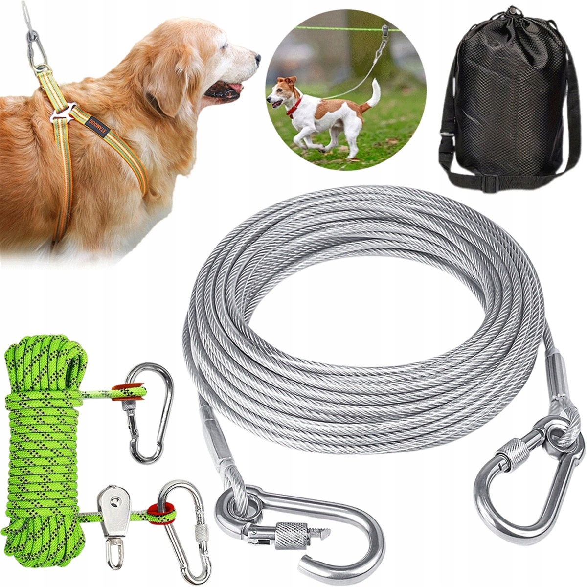 Levně Uvěznění pro psa 15.1 m s kabelem 3.1 m proti zamotání s odrazkou a sáčkem
