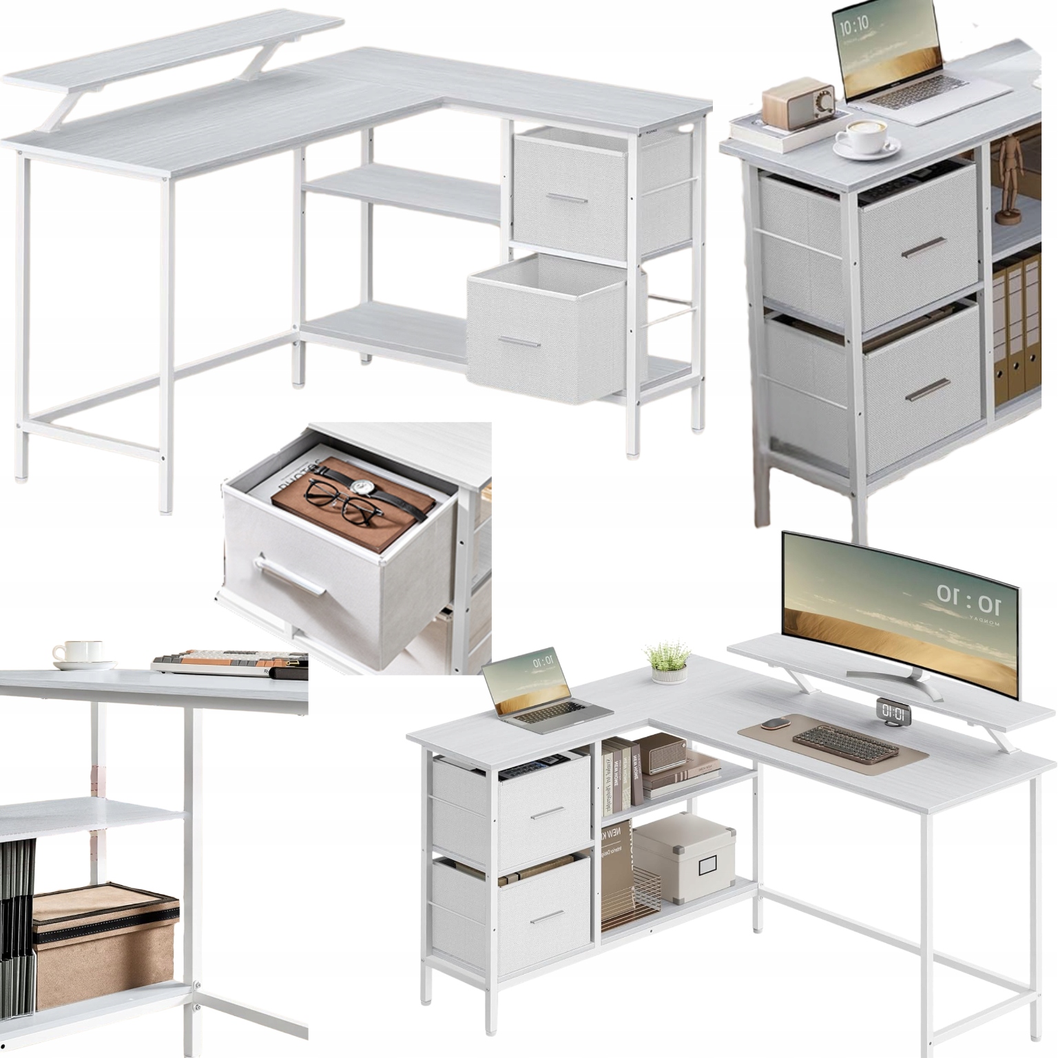 Rohový písací stôl s zásuvkami a policami, veľký herný, s nadstavcom na monitor