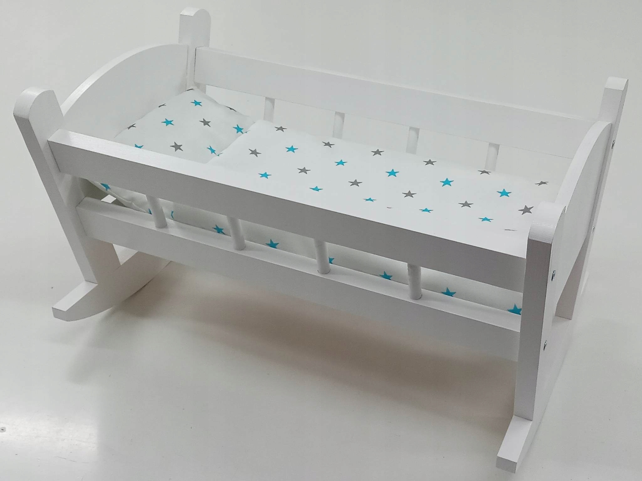 BIAŁA KOŁYSKA drewniana dla lalek +POŚCIEL