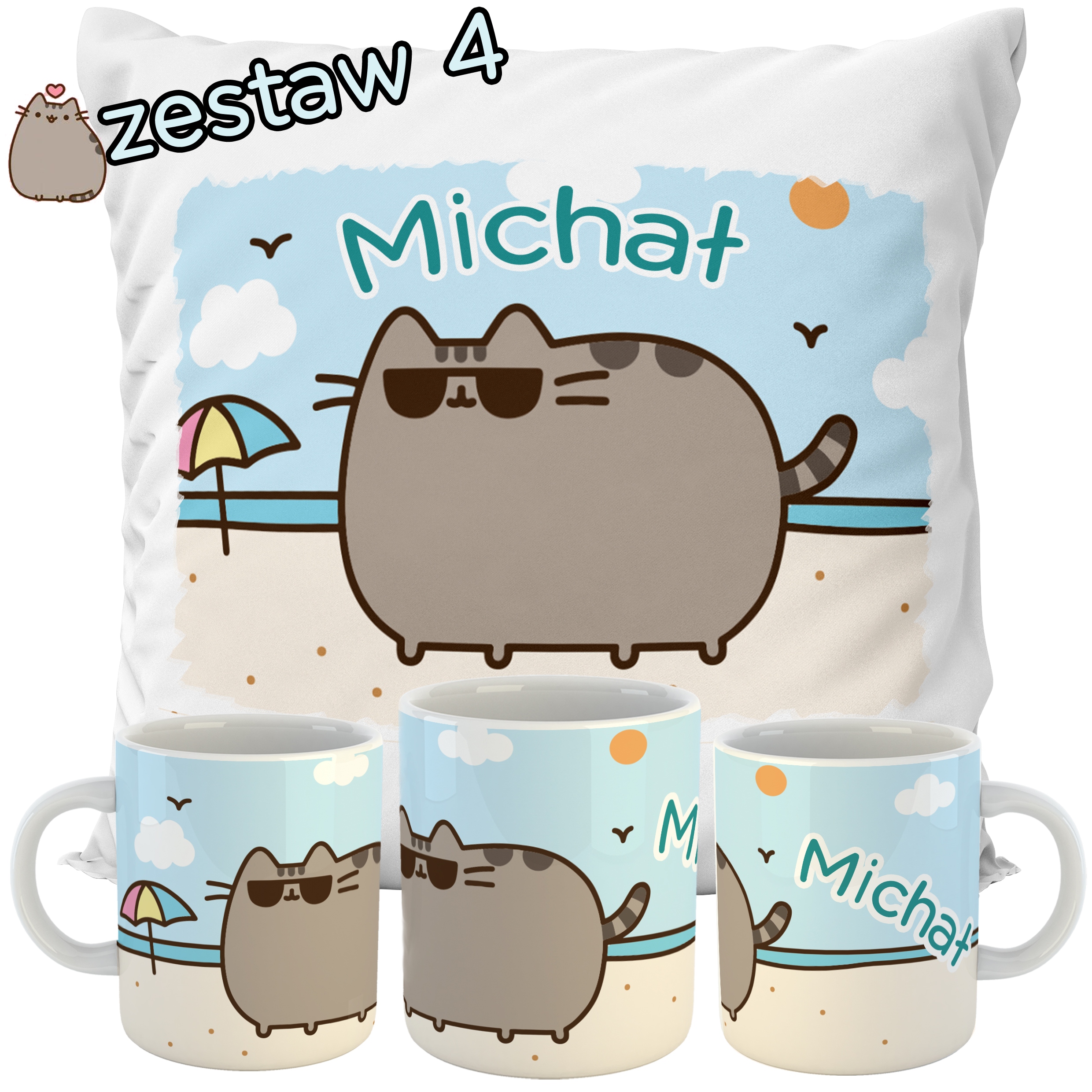 ZESTAW PODUSZKA + KUBEK PUSHEN CAT + IMIĘ PREZENT URODZINY DZIEŃ DZIECKA Rodzaj dekoracyjna
