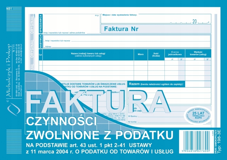 

Faktura czynności zwolnionych z podatku Mip 198-3E