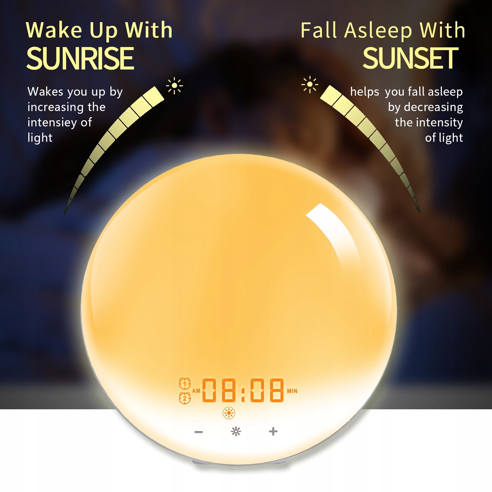 ZEGAR. BUDZIK. SYMULACJA WSCHODU, ZACHODU SŁOŃCA Szerokość całkowita 17 cm
