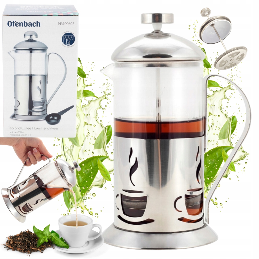 SZKLANY ZAPARZACZ DZBANEK HERBATA KAWA stalowy szklany 800ml OFENBACH