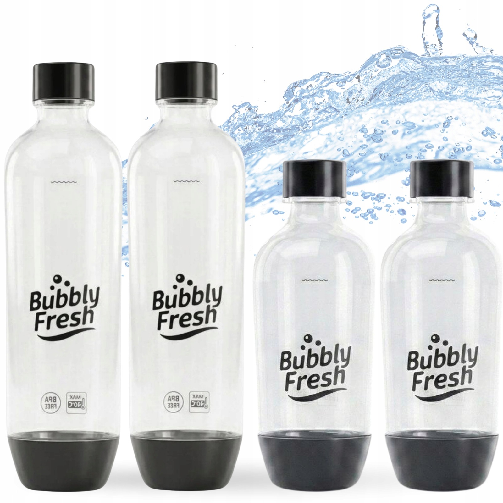 4 černé lahve BubblyFresh na vodu do saturátoru SodaStream 2 x 1 l, 2 x 0.5 l