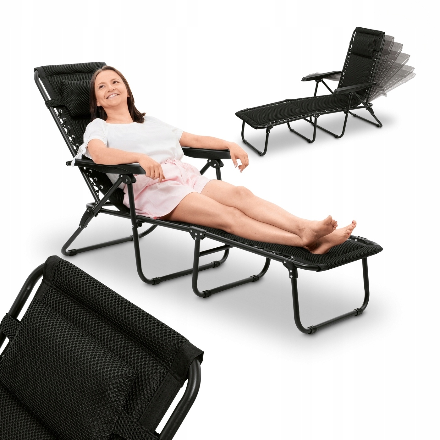 Leżanka Leżak Ogrodowy Gruba Pianka 6 Pozycji Tadar 63x182x55 czarny