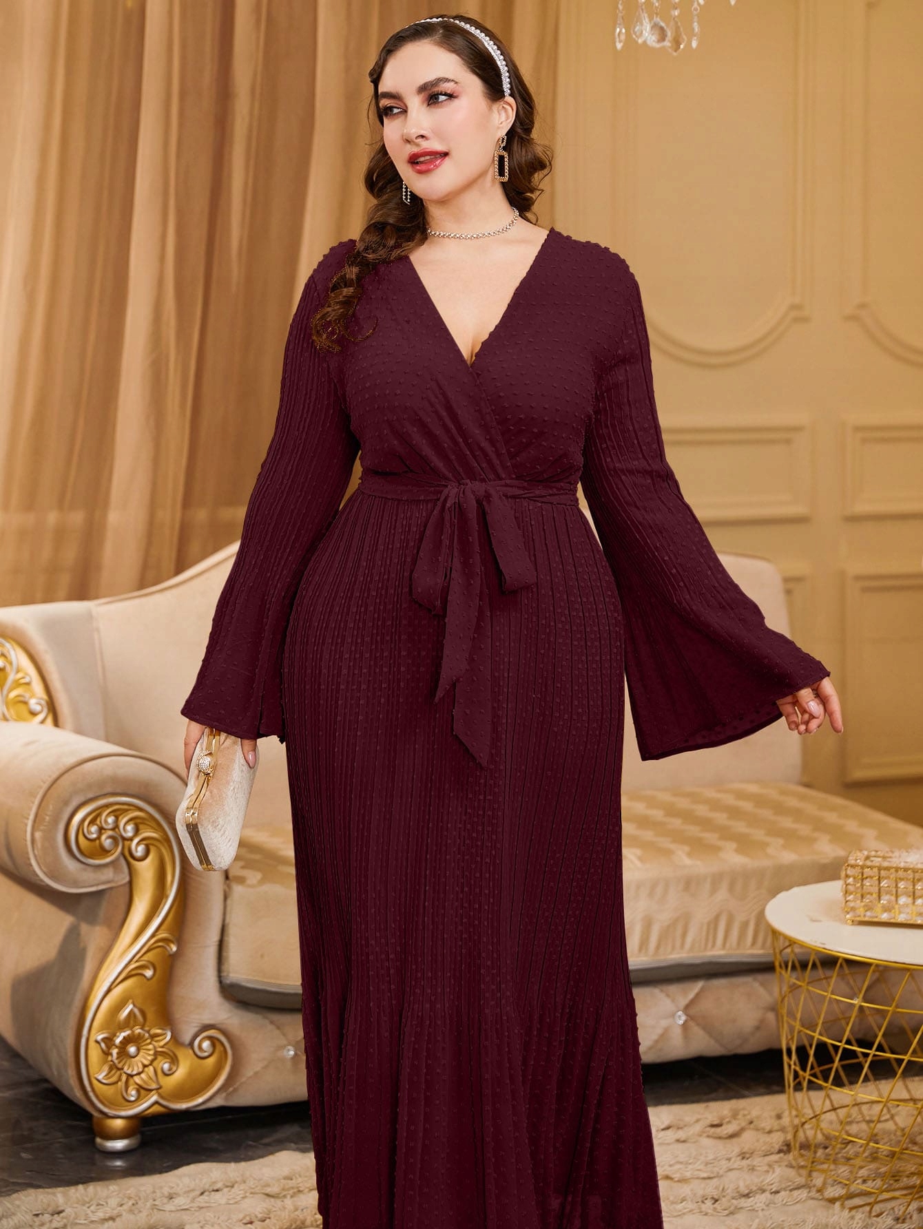 Šaty Elegantní Plisované Rozšířené Burgundské Maxi Shein XL 42