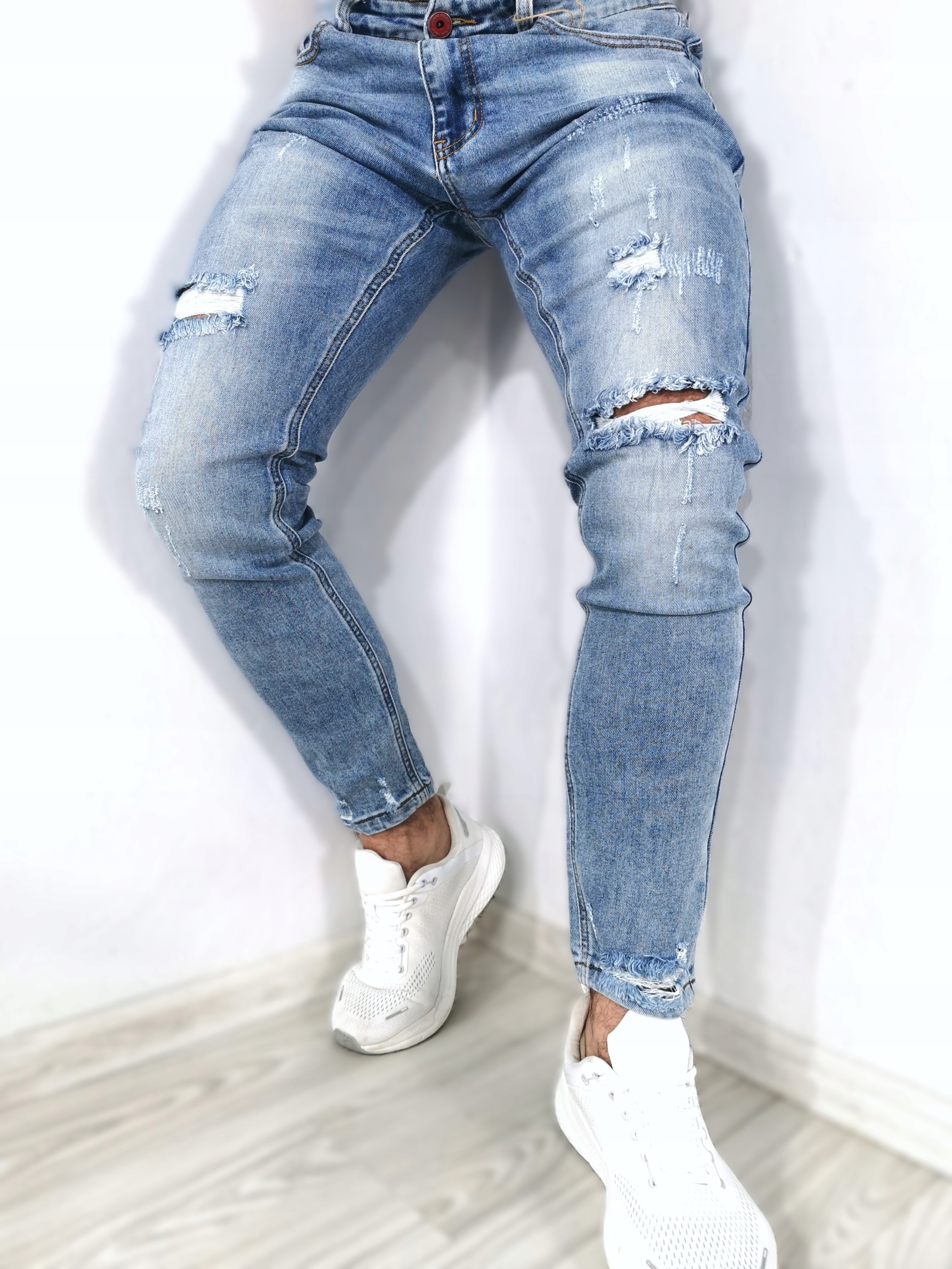 Pánské džínové kalhoty s jasnými otvory, oděrky, velikost M 29