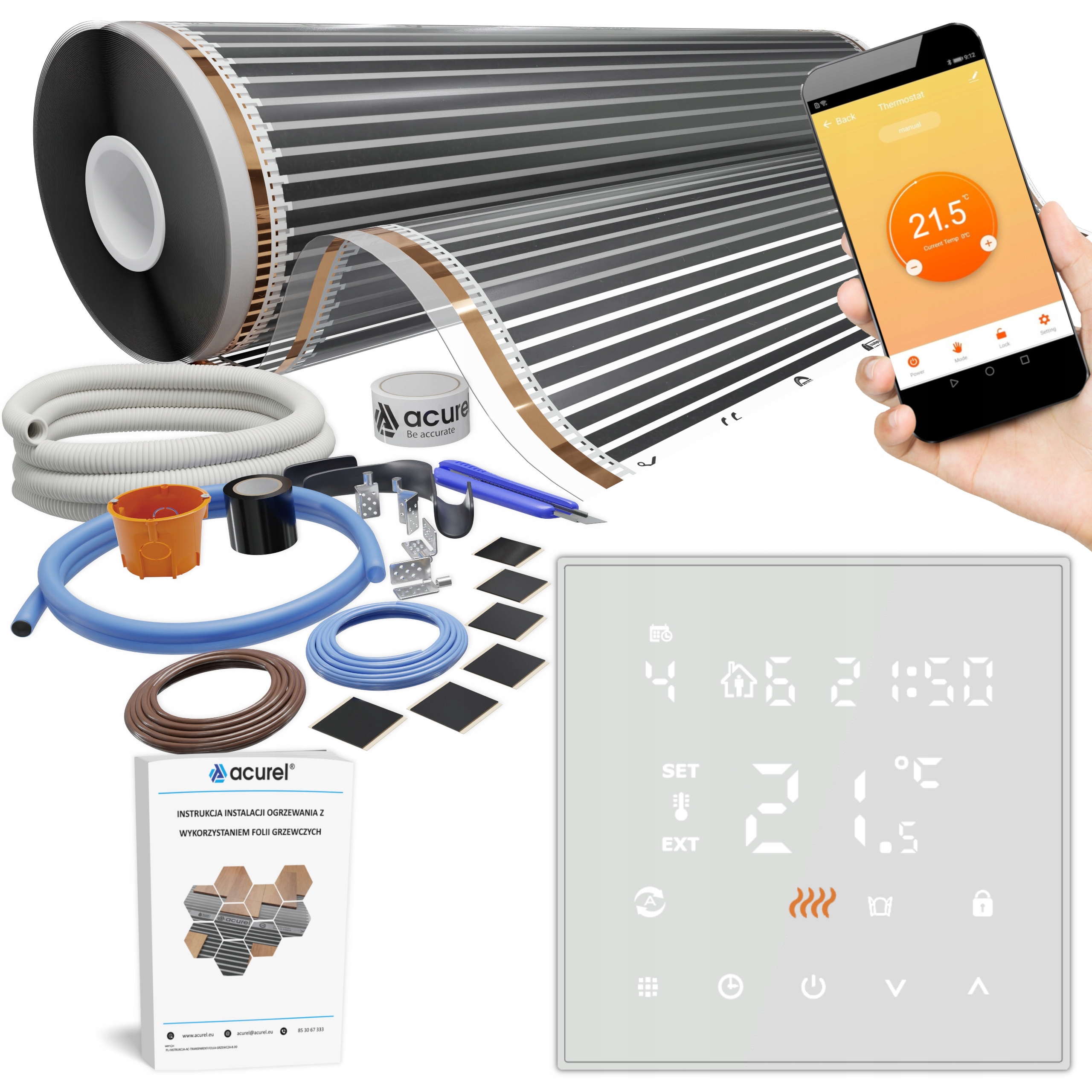 Folia grzewcza 80W/m² Termostat Wifi Ogrzewanie podłogowe Zestaw 26m²