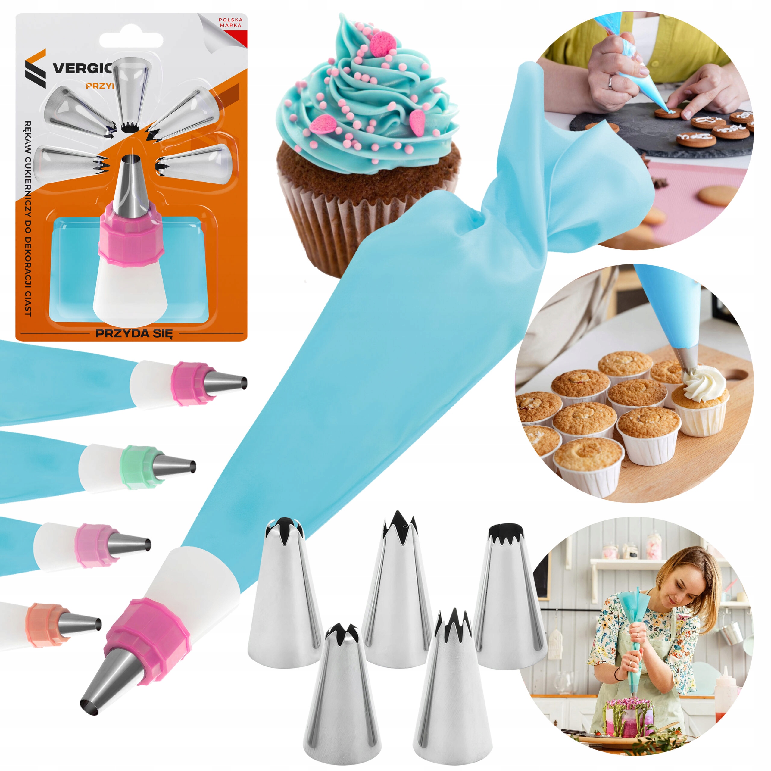 RĘKAW CUKIERNICZY DEKORATOR TORTÓW SILIKON 8 ELEMENTÓW Marka Vergionic