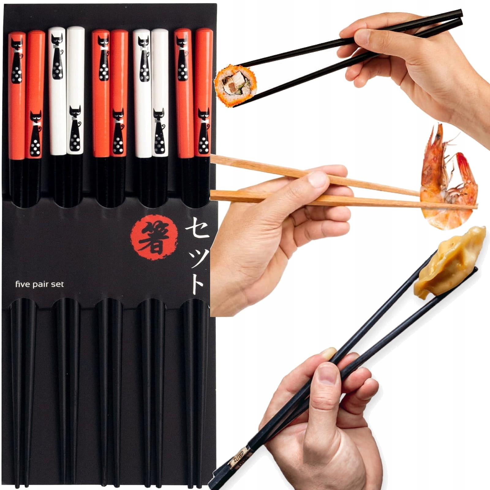 Czarne Lakierowane Drewniane Pałeczki Motyw Kotków Do Sushi 5 Par 22,5cm