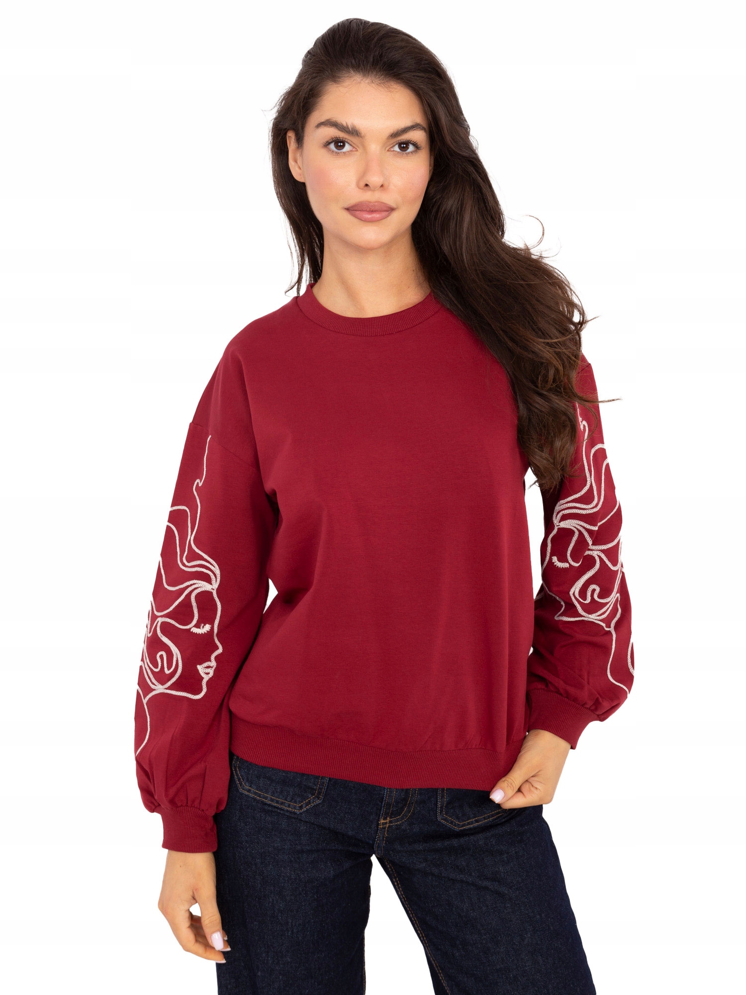 Bluza z Haftem na Rękawach Damska Bawełniana Okrągły Dekolt