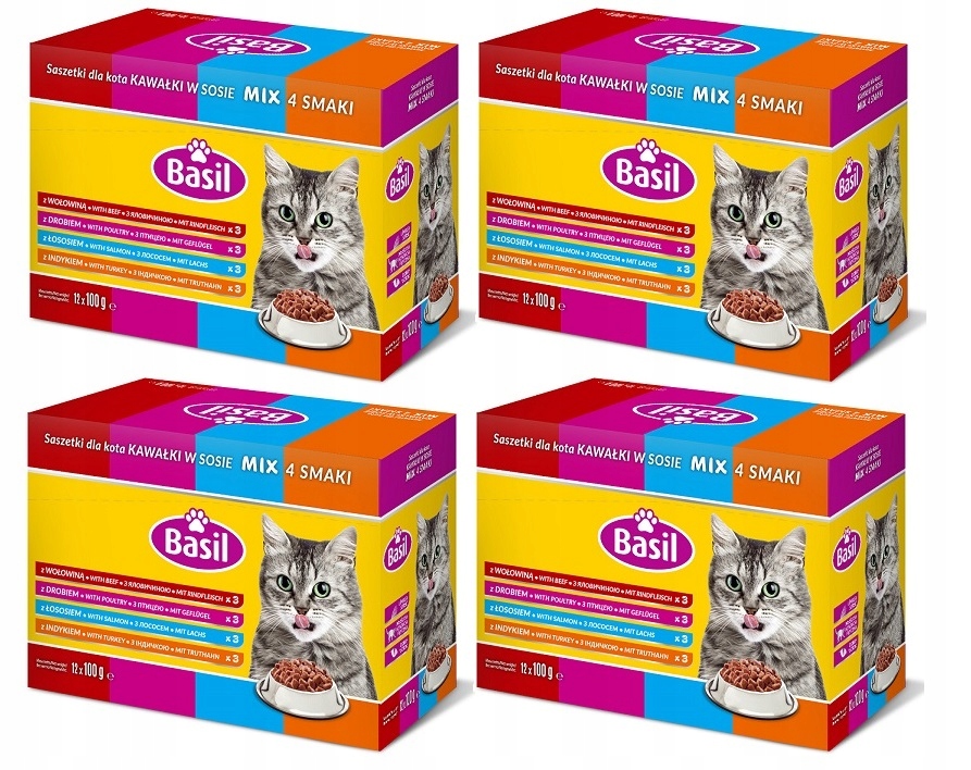 Levně Sáčky mokré krmivo pro kočky Basil 100 g mix chutí x 48 ks