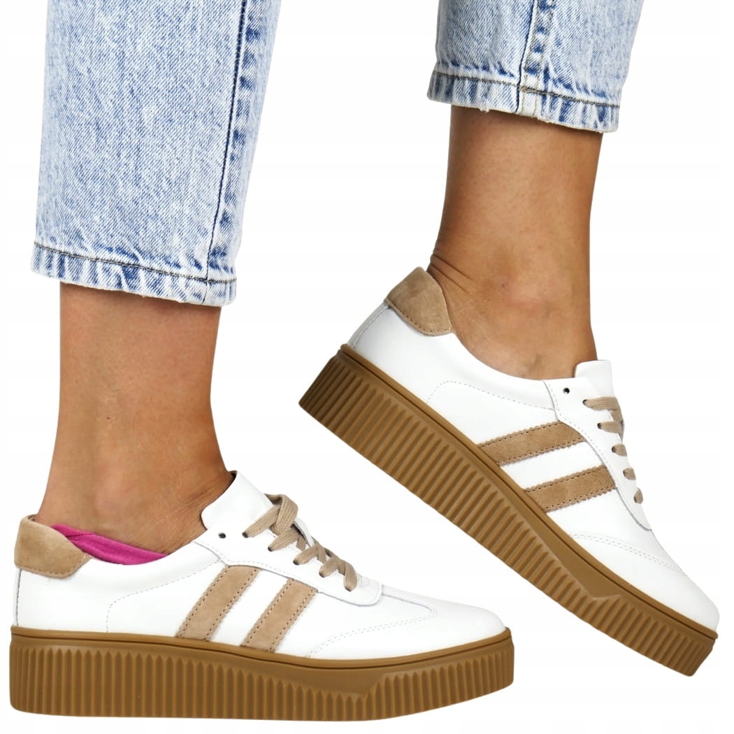 iButy Polobotky Kožené Tenisky Bílé Béžové Růžové Silná Podrážka