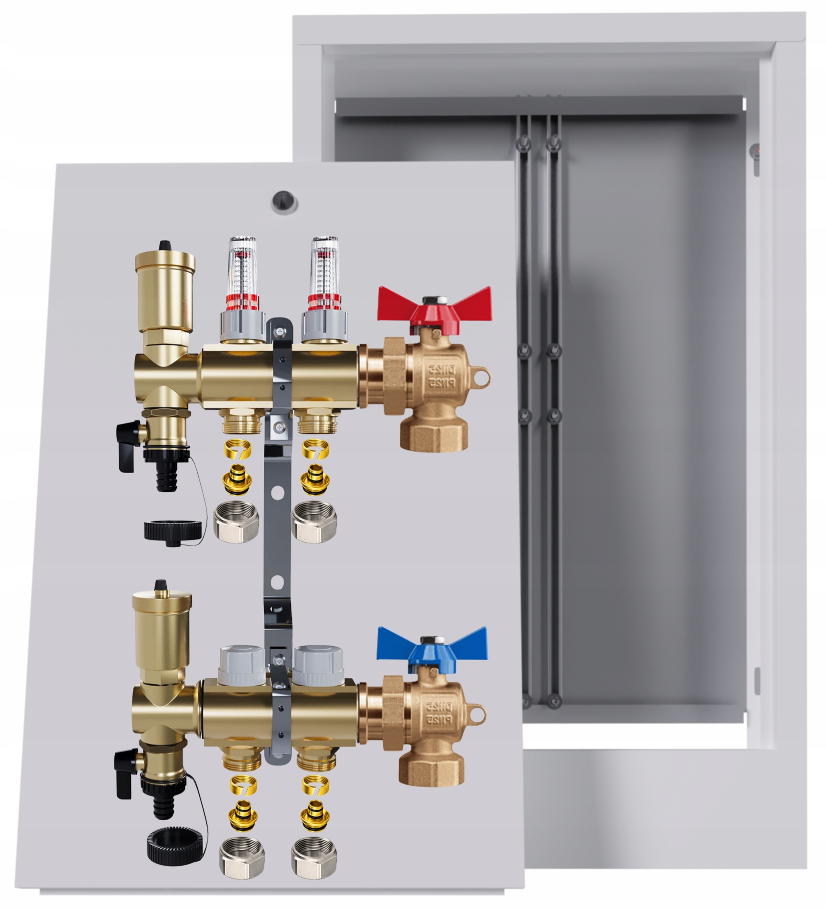 Rozdělovač mosazný podlahový 2 okruhy skříňka na omítku kulový Pex