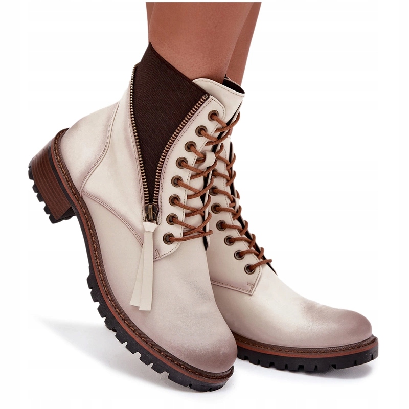 Dámské Kotníkové Boty Zateplené Podpatek Klocek Zipy Vinceza 58559 Béžové 37