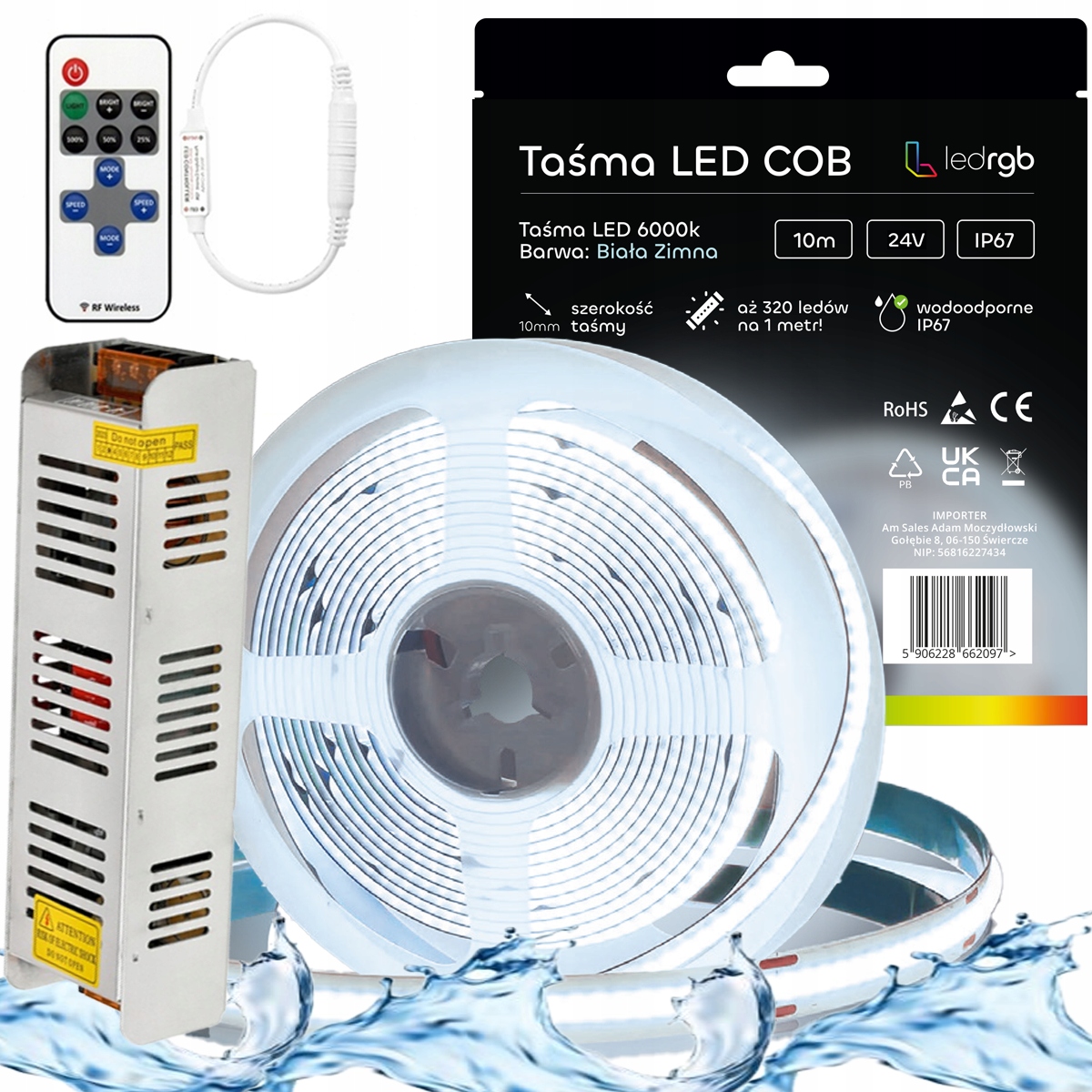 Sada Led pásků Neon Cob 24V 10 m 6000K IP67 Bílá Studená Napájecí Zdroj Dálkový Ovladač 8 mm