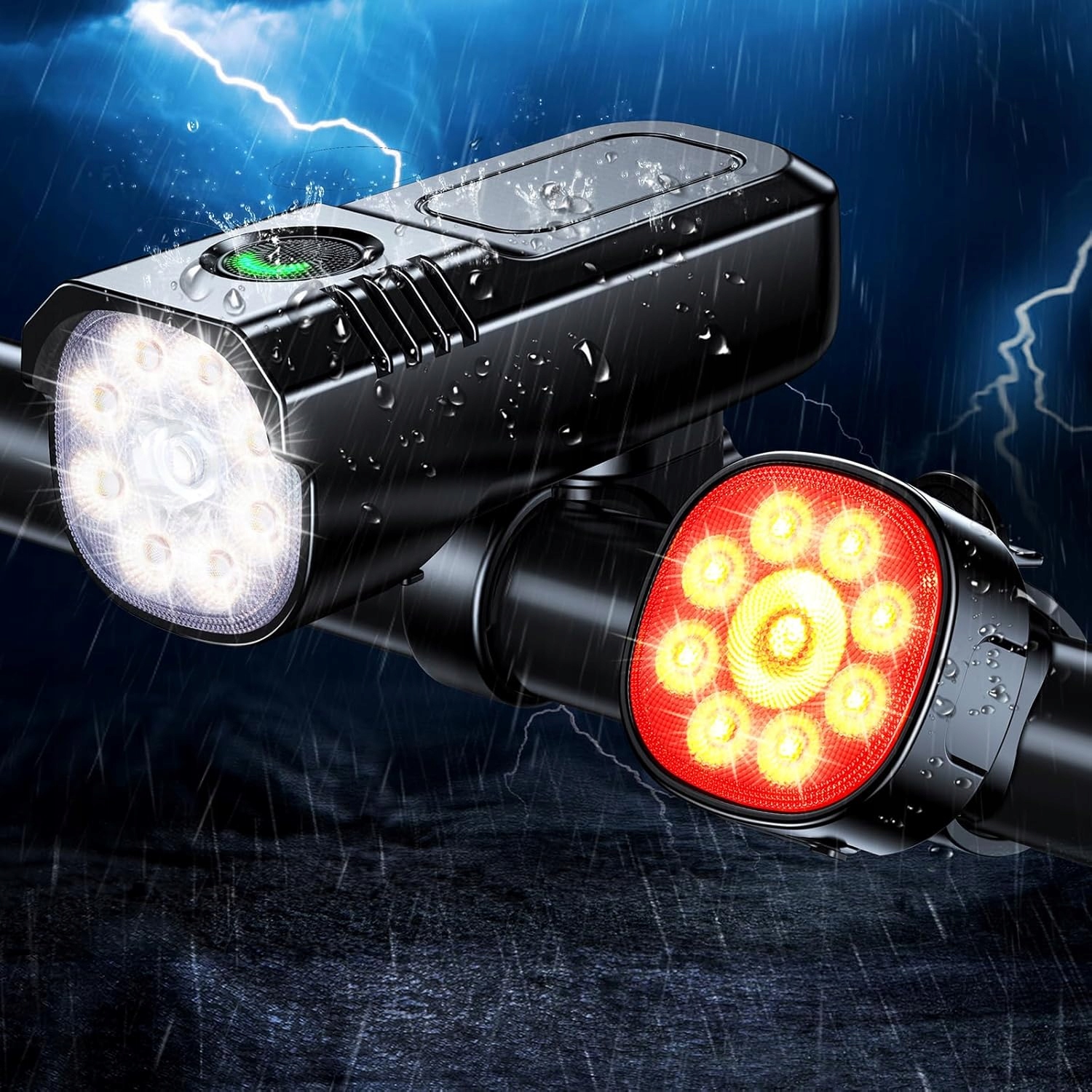 Sada 2 předních a zadních cyklistických světel 8+7 režimů a 9+9 Led diod