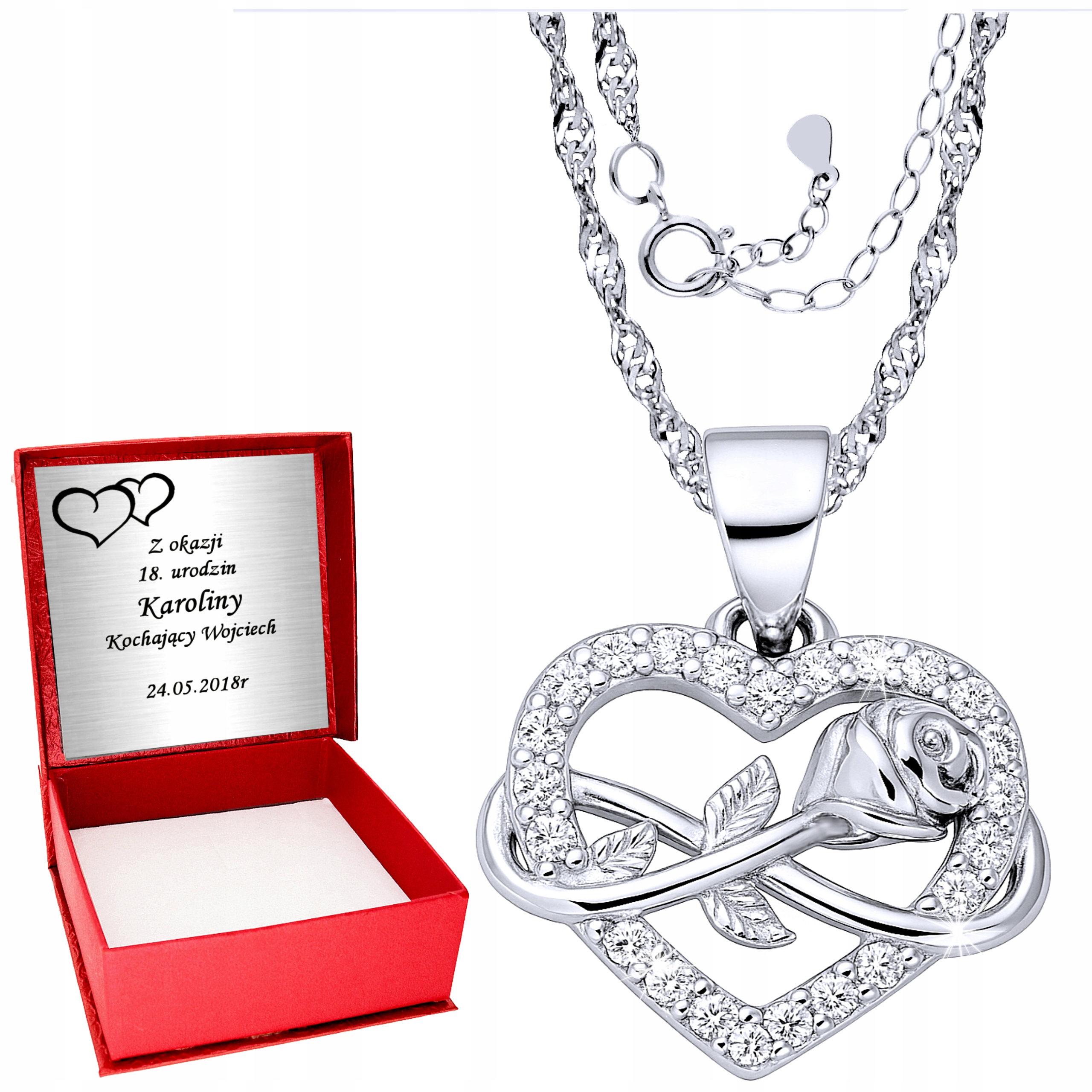 Srebrny Łańcuszek 925 Serce Serduszko Róża Naszyjnik Srebro Grawer