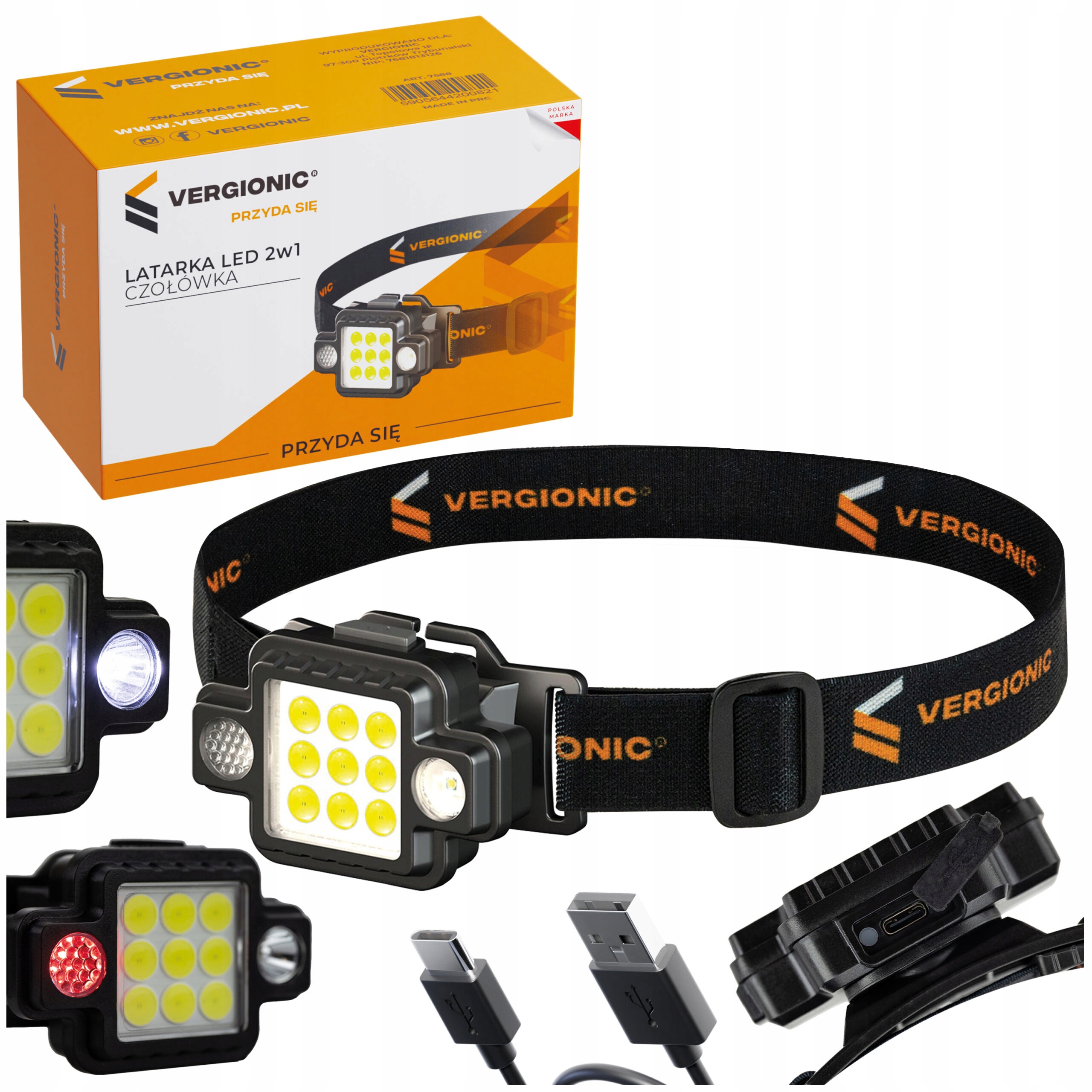 Czołówka Latarka LED 2w1 MOCNA 5W USB-C