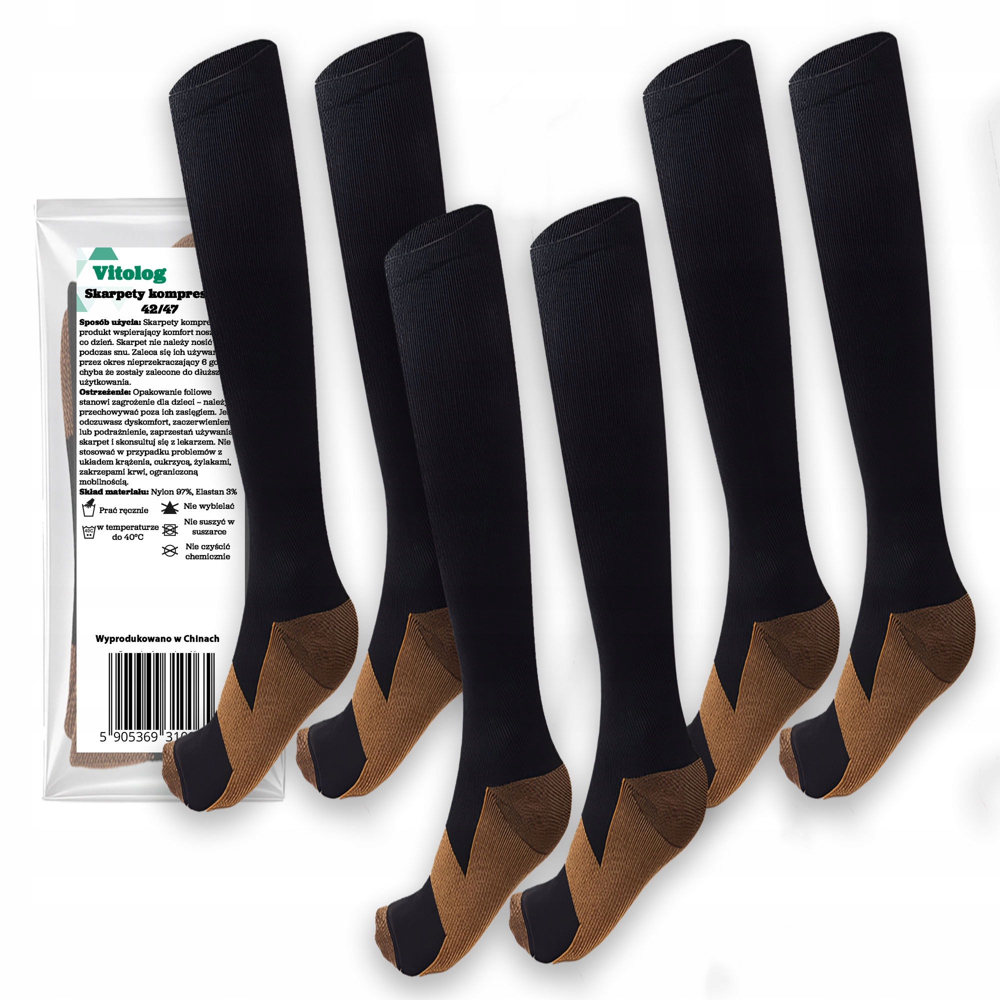 3-pack Podkolanówki Skarpety Kompresyjne Uciskowe Przeciw Żylakowe 42-47